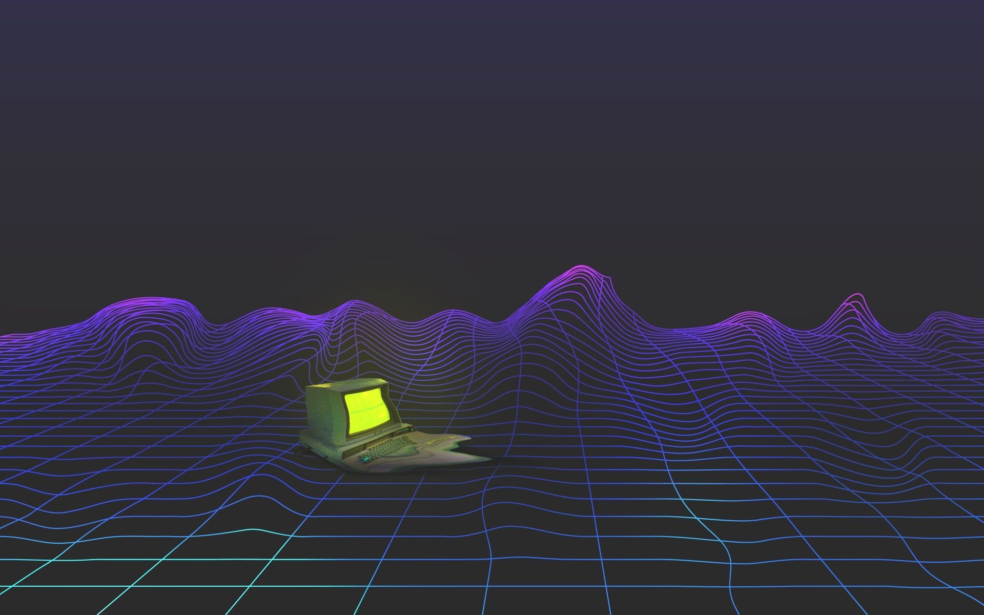 Retro-Computer, Gitterlandschaft, Wireframe, Synthwave, Full HD, Desktop-Hintergrund für Windows