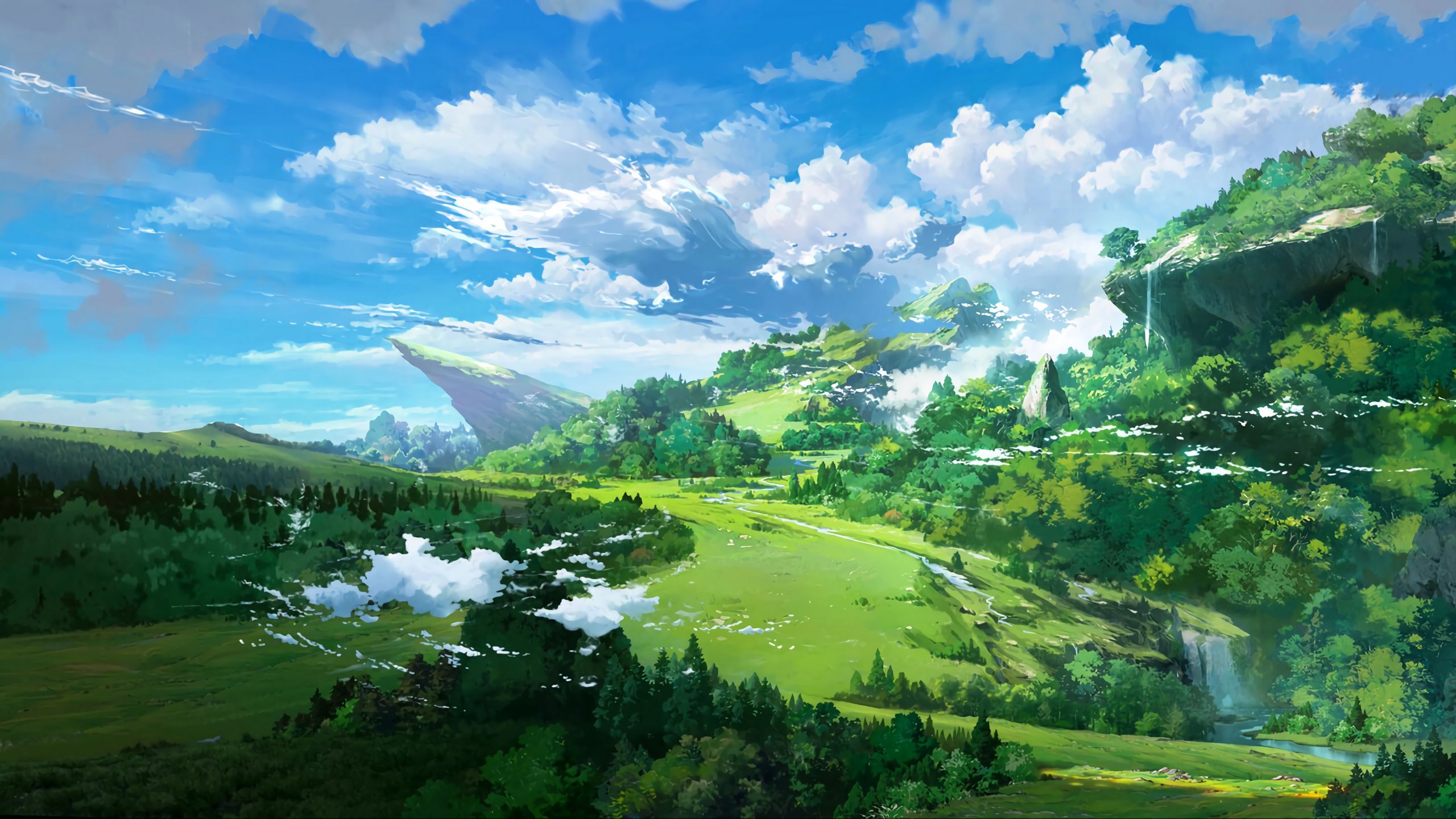 Wiese, Hügel, Wolken, Blauer Himmel, Anime-Stil, Sommer, 2K, Breitbild-Hintergrundbild