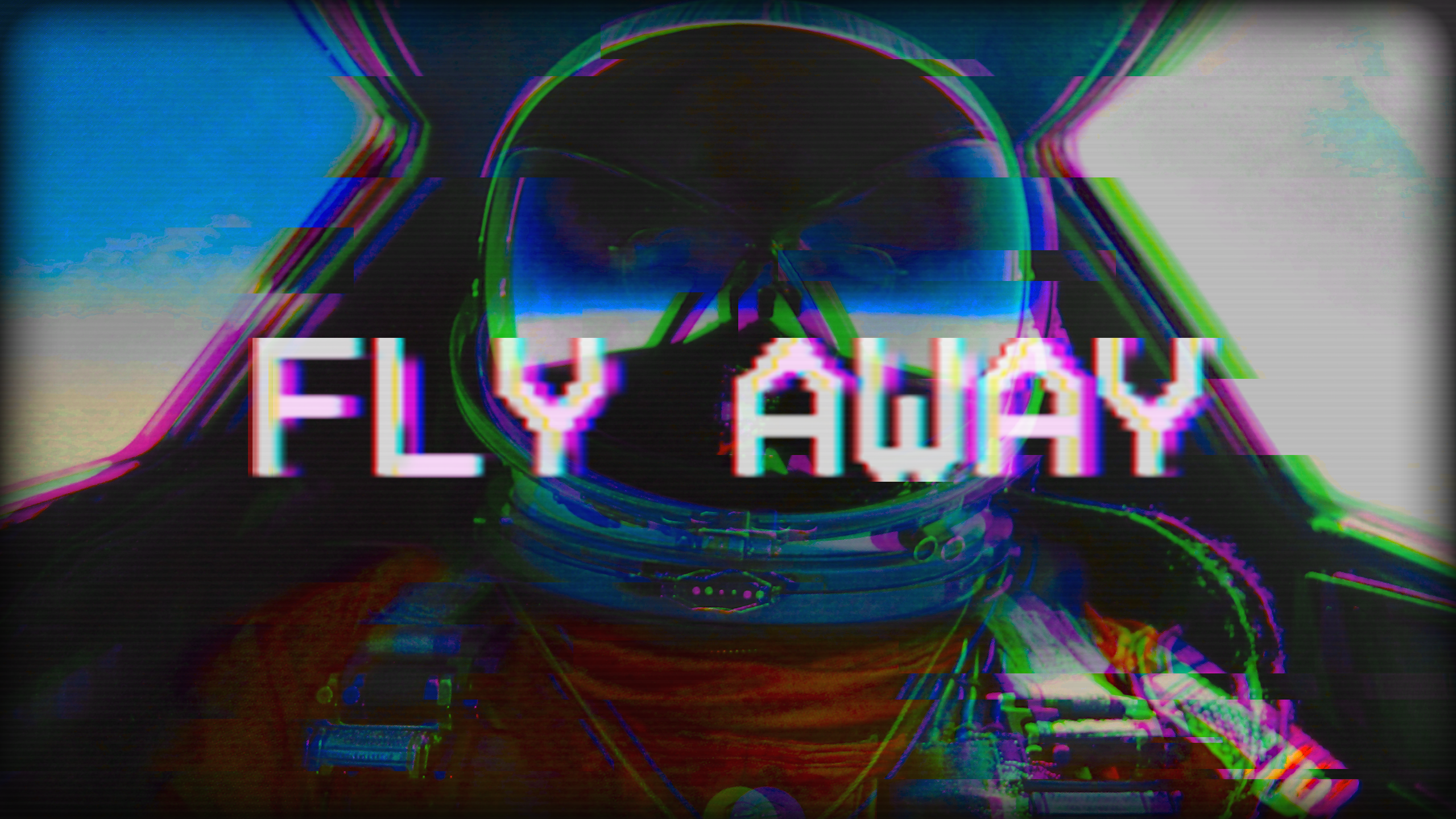 Fly Away, Astronaut, Helm, Glitch, Text, 16:9, 2K-Hintergrundbild für den Desktop