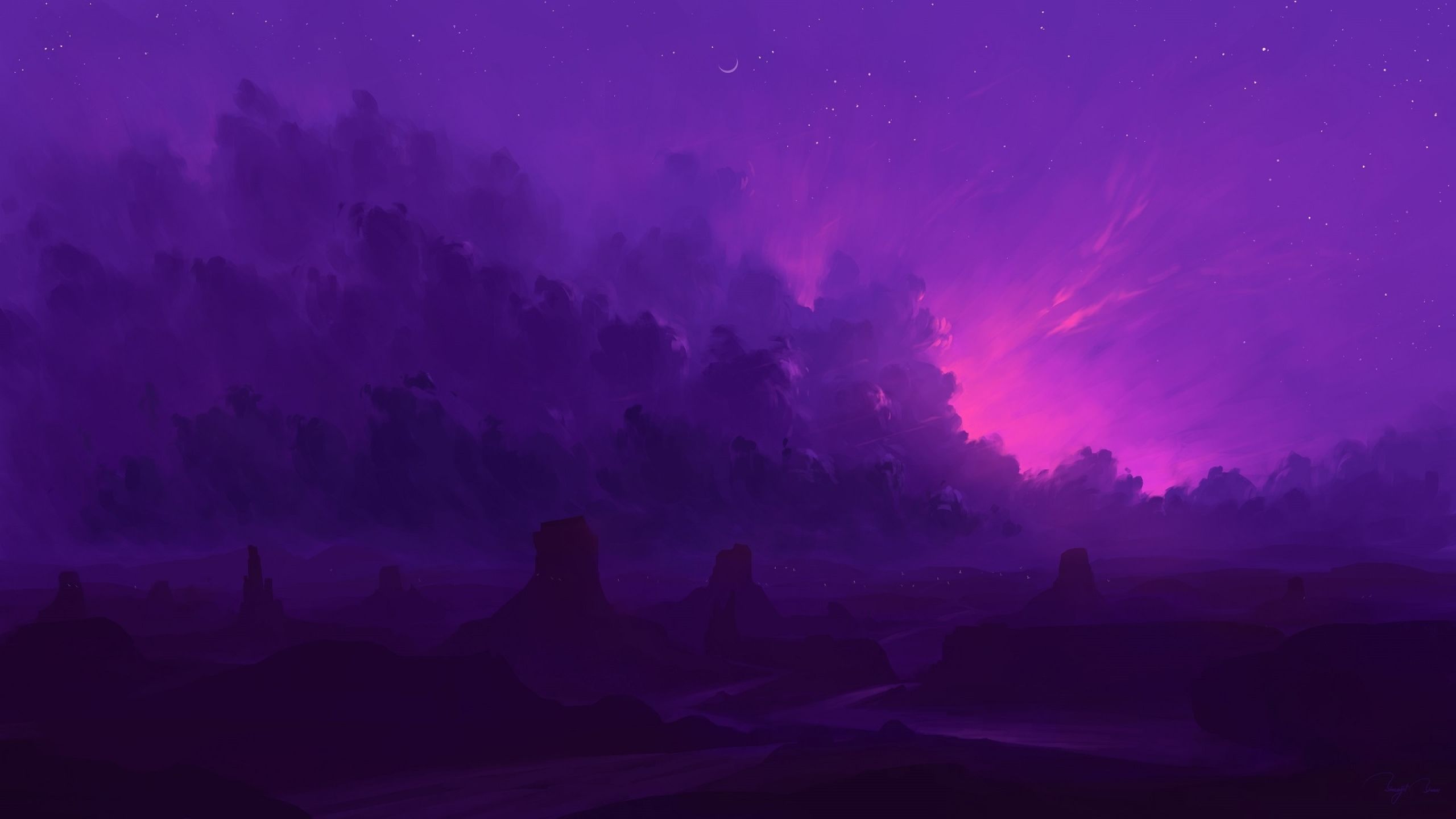 Wald, Nebel, Lila, Leuchtender Himmel, Fantasy, 2560x1440, 2K-Hintergrundbild für PC