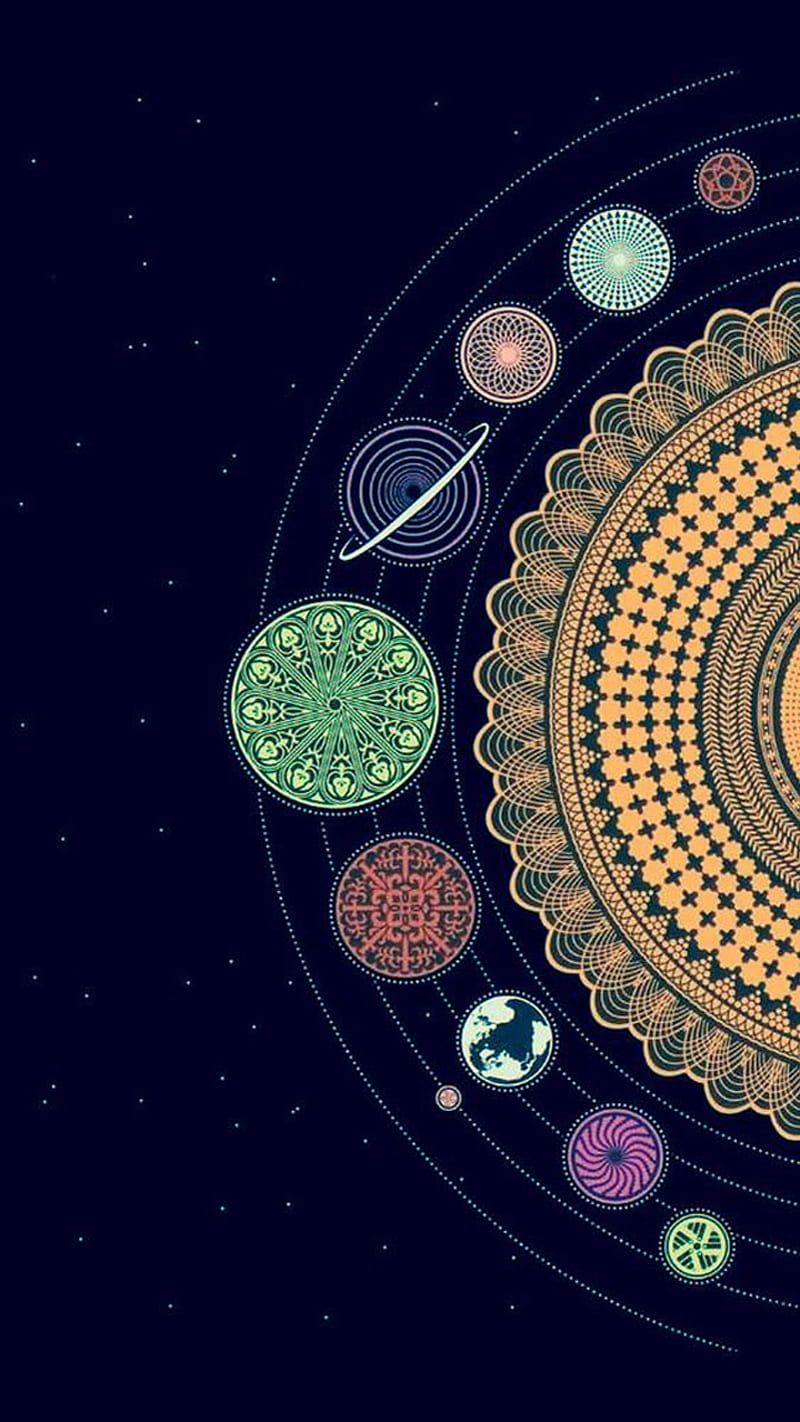 Sonnensystem, Mandala, Planeten, Dunkelblau, HD, Hintergrundbild fürs Handy