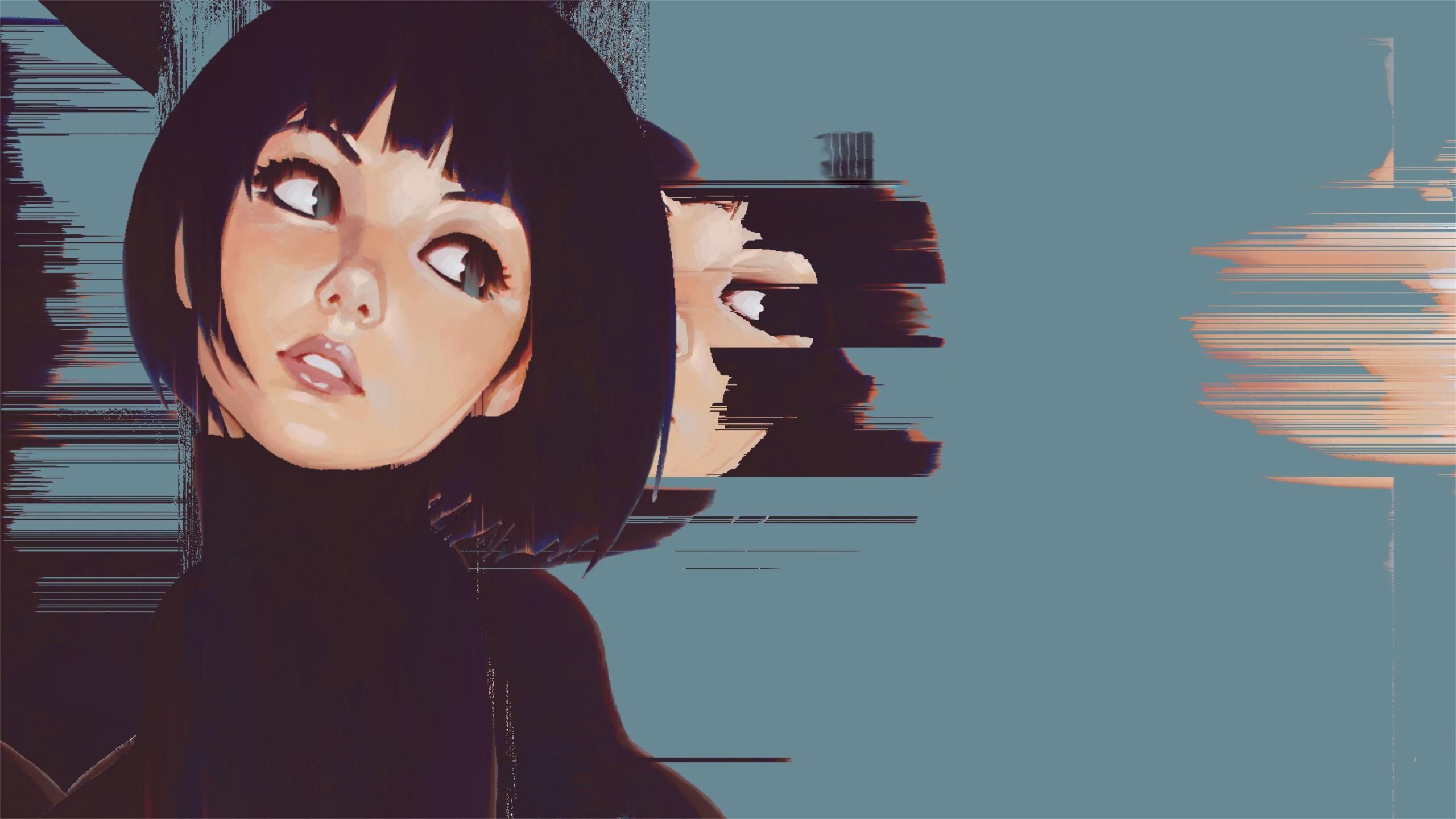 Frau, Bob-Frisur, Glitch, Illustration, Graublau, 2560x1440, 2K-Hintergrundbild für PC