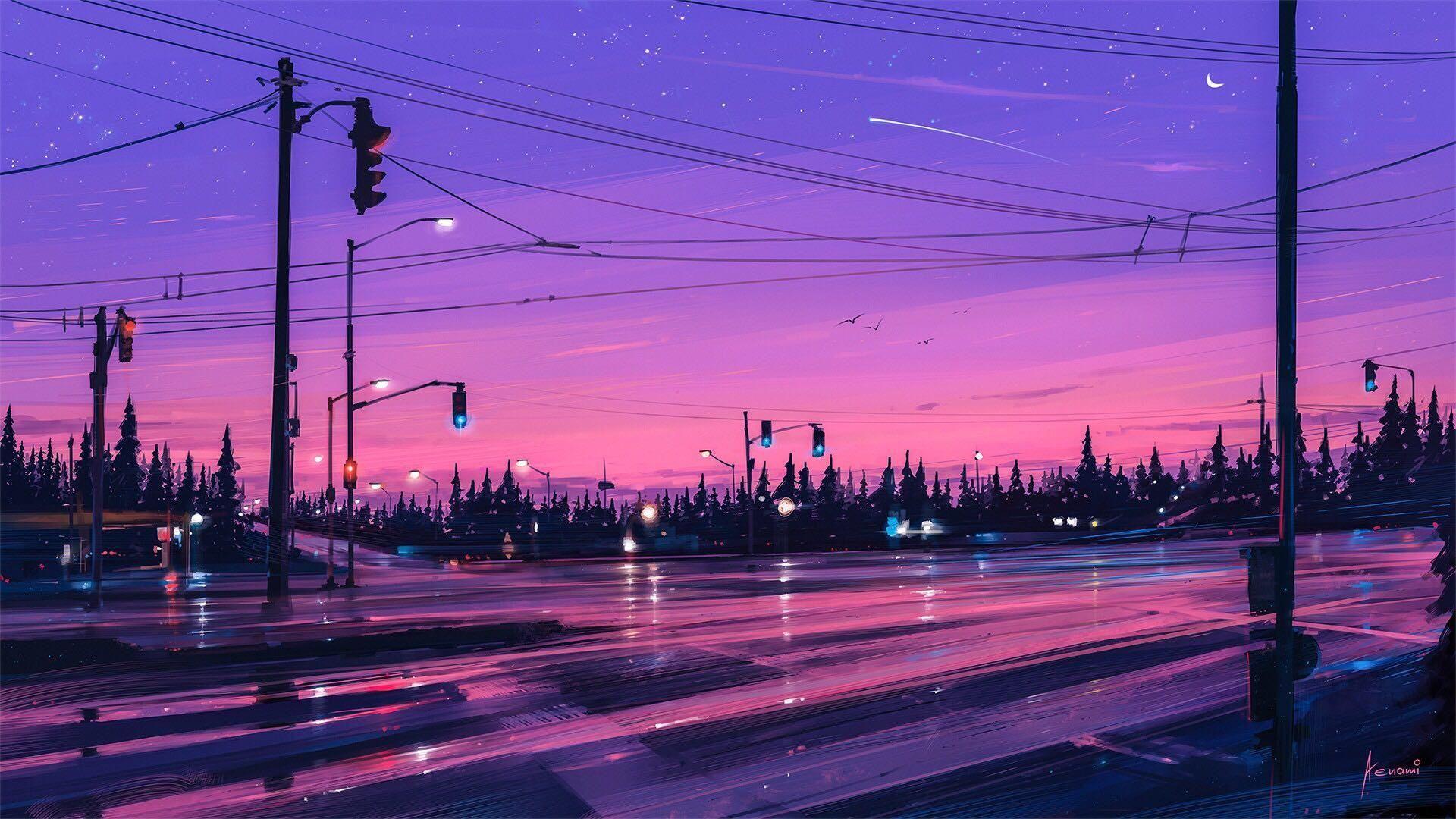 Straße, Ampeln, Stromleitungen, Abenddämmerung, Lila, Illustration, 1920x1080, Desktop-Hintergrund