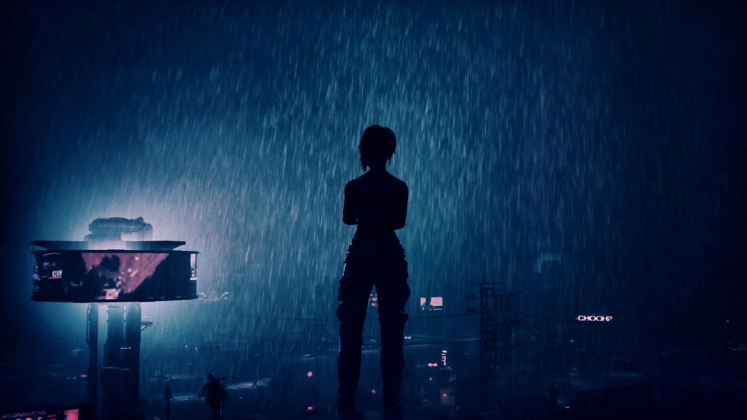 Silhouette, Regen, Futuristisch, Nacht, Blau, 2K, Hintergrundbild für den PC
