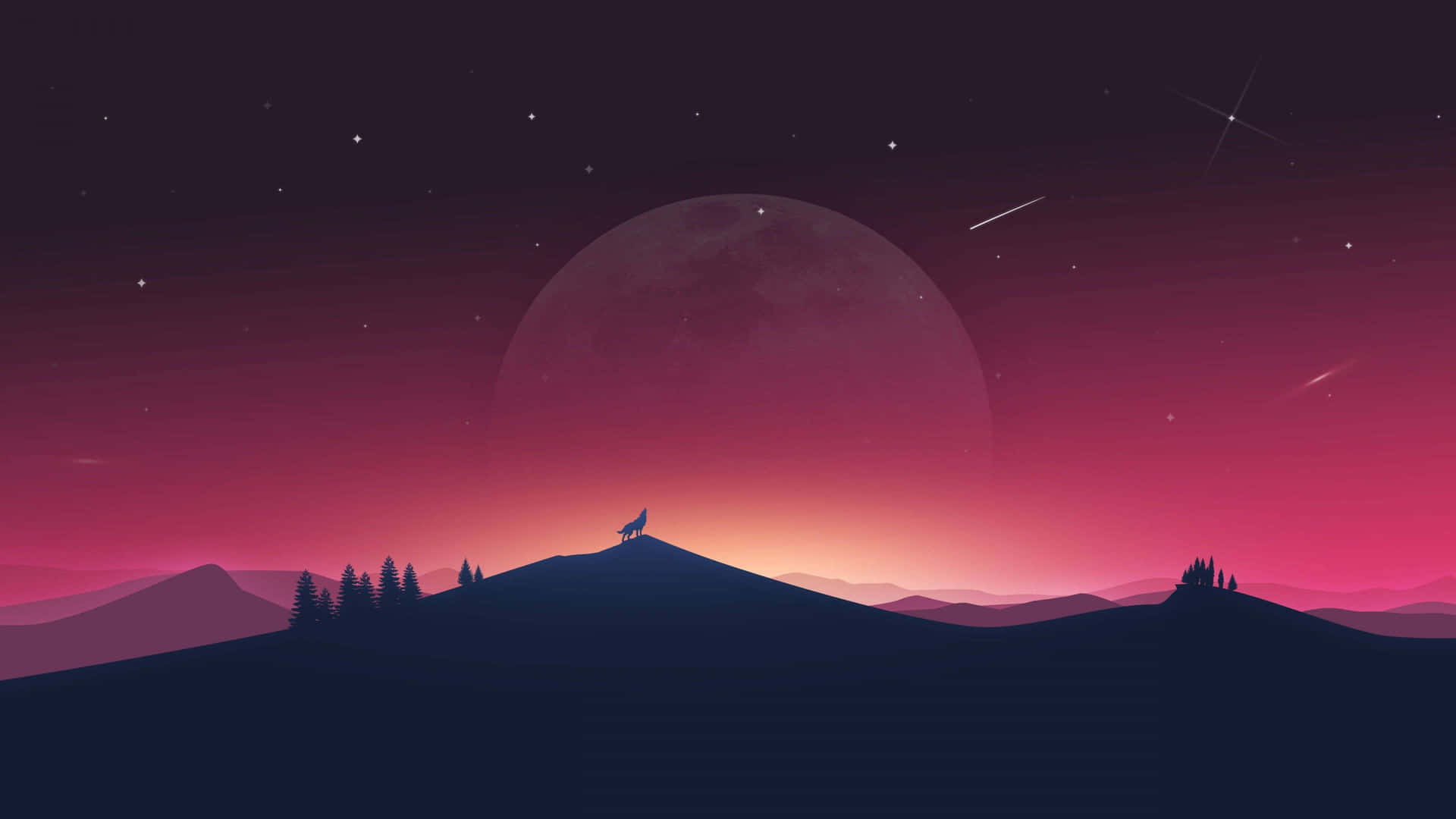 Mond, Hügel, Silhouette, Wolf, Roter Himmel, 1920x1080, Full-HD-Hintergrundbild für PC