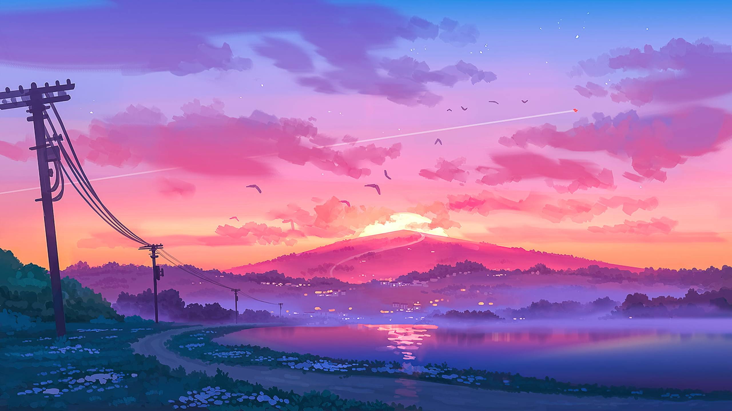 Sonnenuntergang, Strommasten, See, Berge, Anime-Stil, 2K 1440p, Desktop-Hintergrundbild