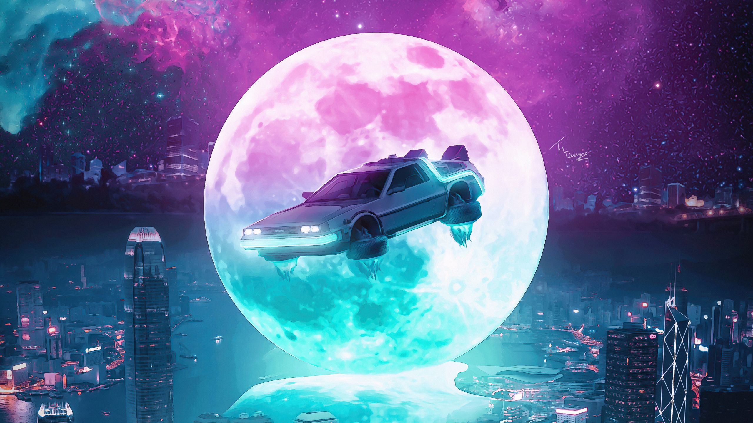 DeLorean, Zurück in die Zukunft, Mond, Stadt, Neon, 2560x1440, 2K-Hintergrundbild für PC