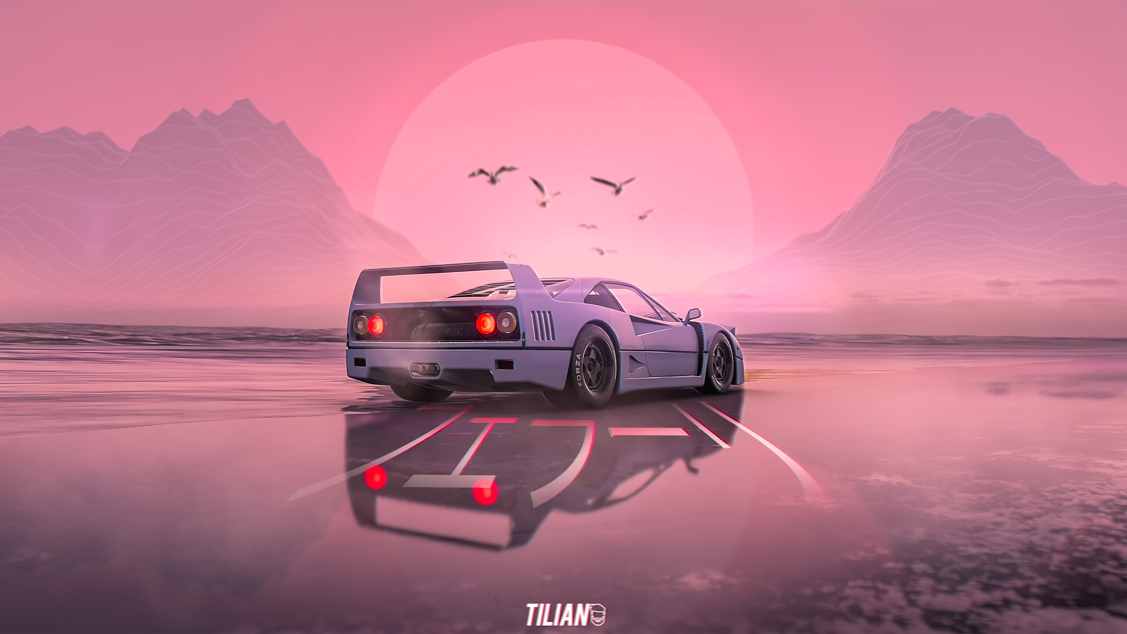 Ferrari F40, Sportwagen, Spiegelung, Sonnenuntergang, Rosa Himmel, Vögel, 4K, Breitbild-Hintergrundbild