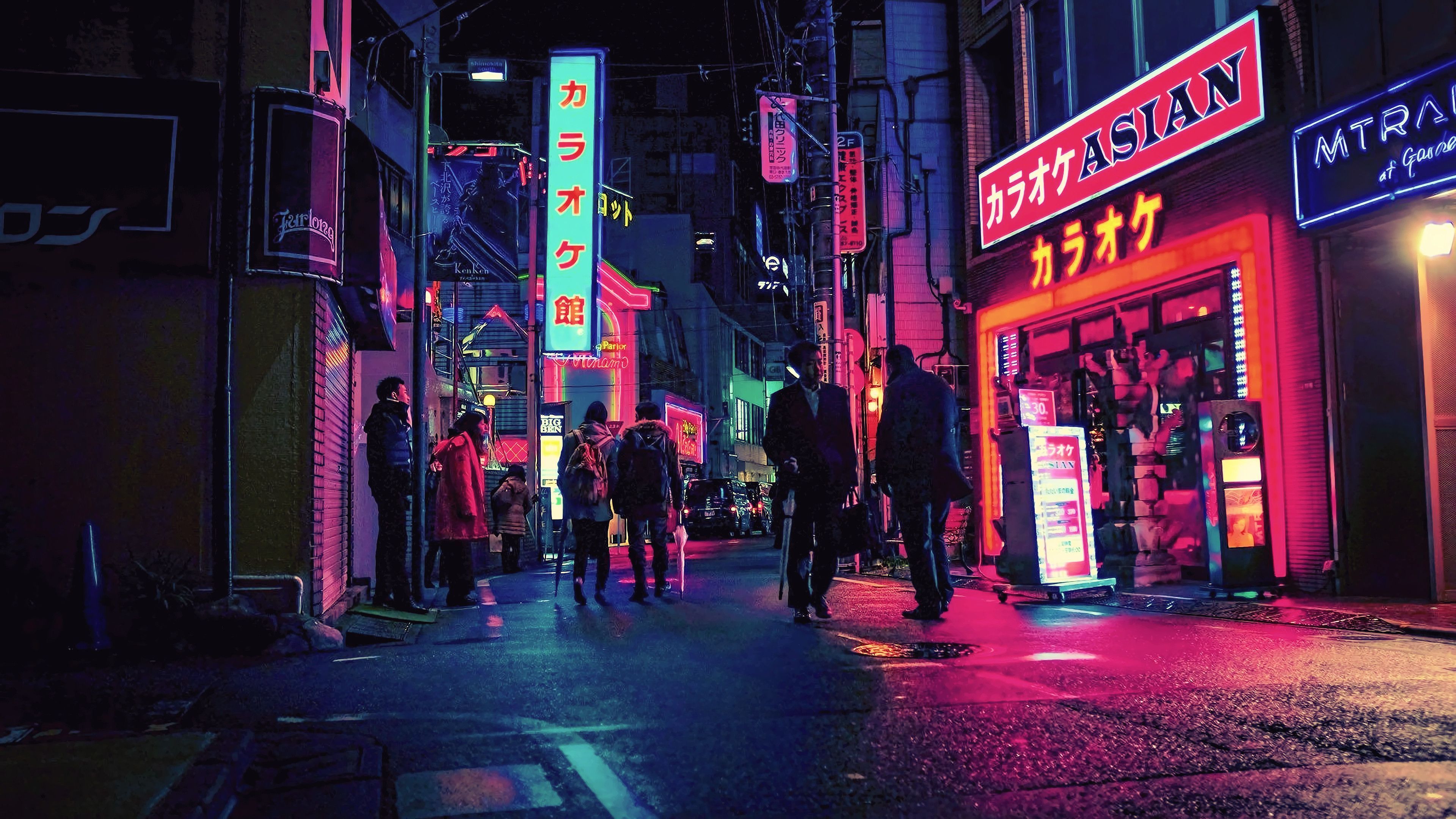 Japan, Neonschilder, Gasse, Nacht, Karaoke, Passanten, 3840x2160, 4K-Hintergrundbild für PC
