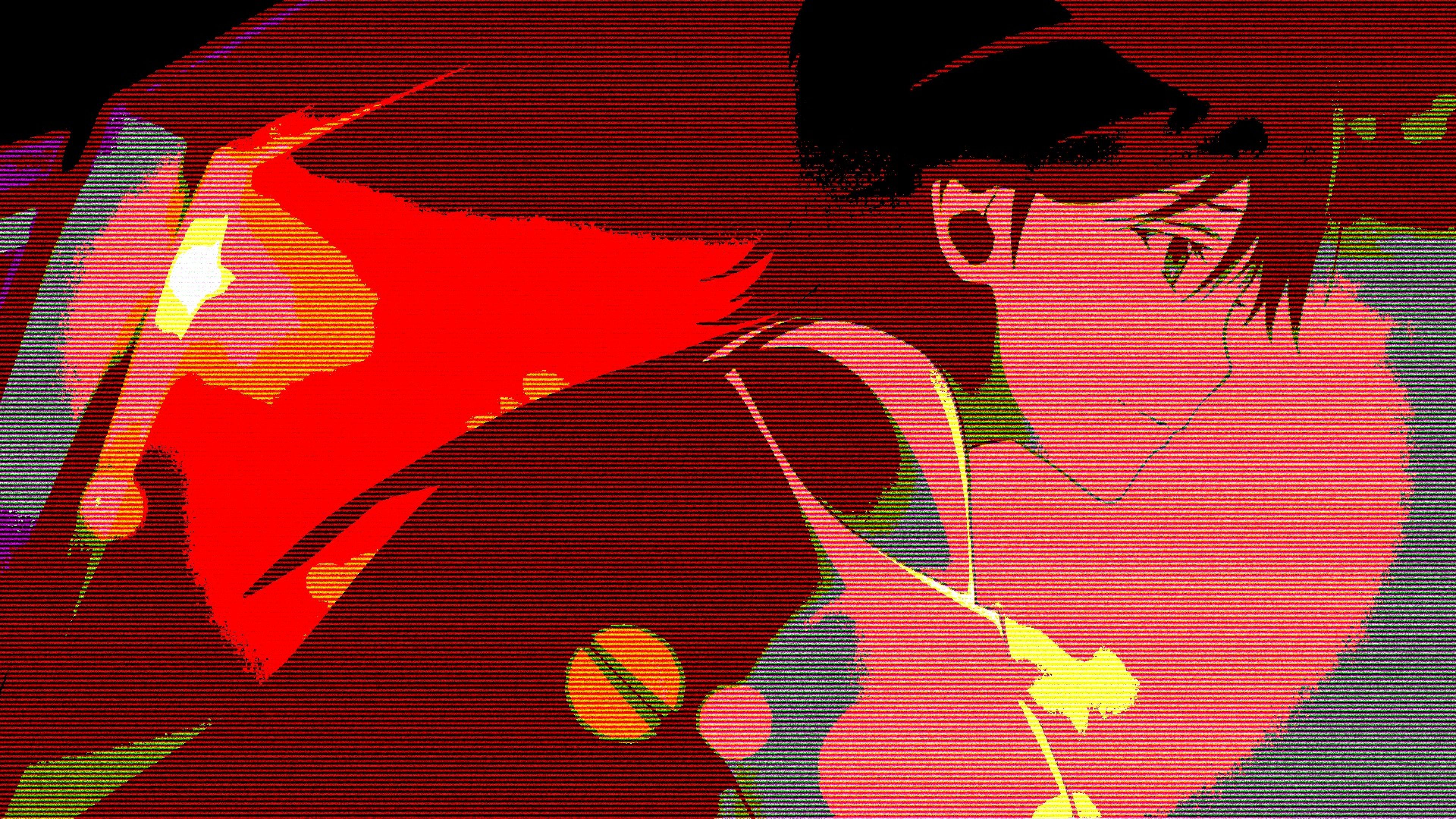 Anime-Junge, Rot, Glitch-Effekt, Retro-Anime, 16:9, 4K-Hintergrundbild für den Desktop