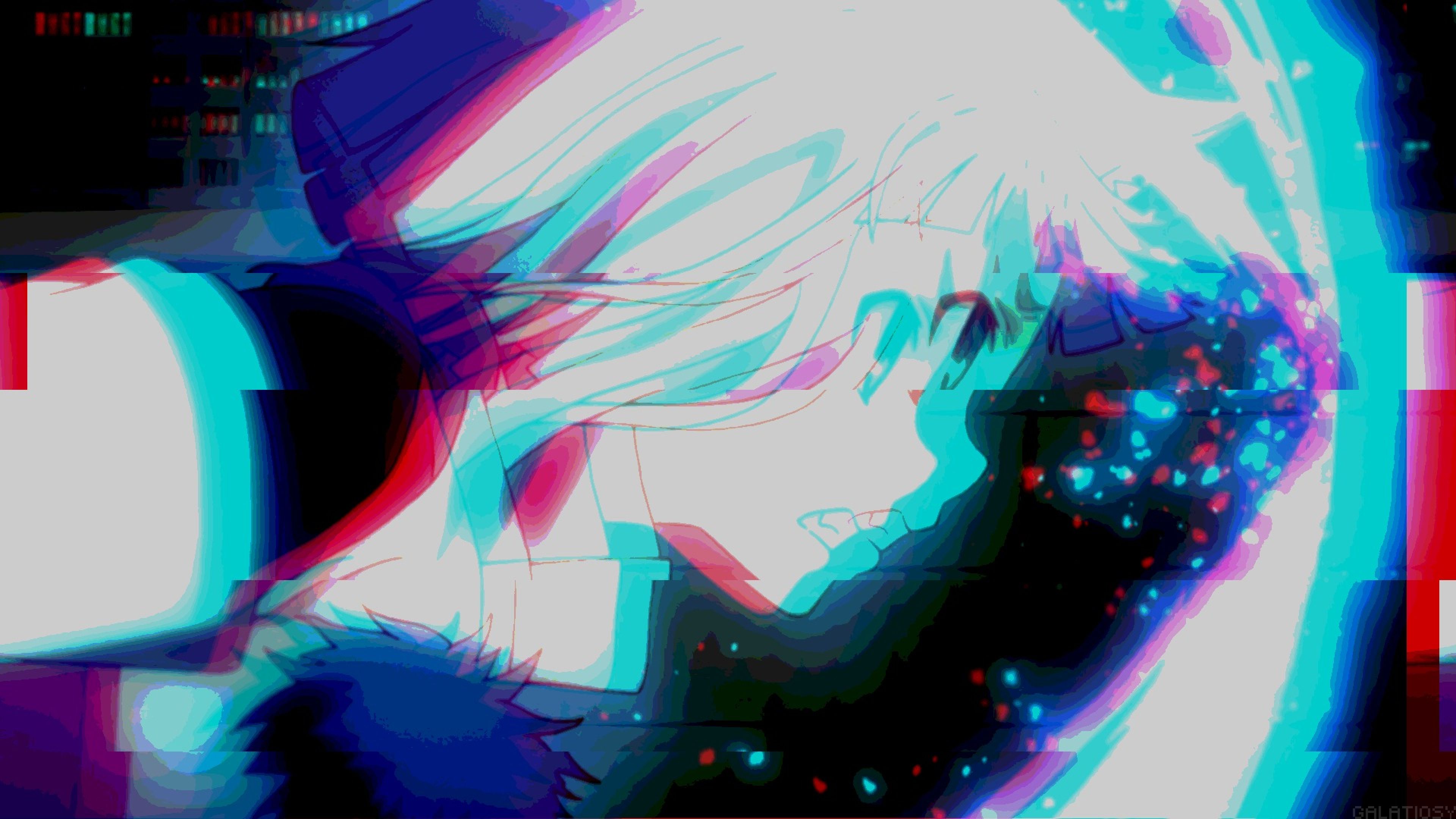 Anime-Figur, Glitch-Effekt, Chromatische Aberration, Weiße Haare, 4K, Desktop-Hintergrund