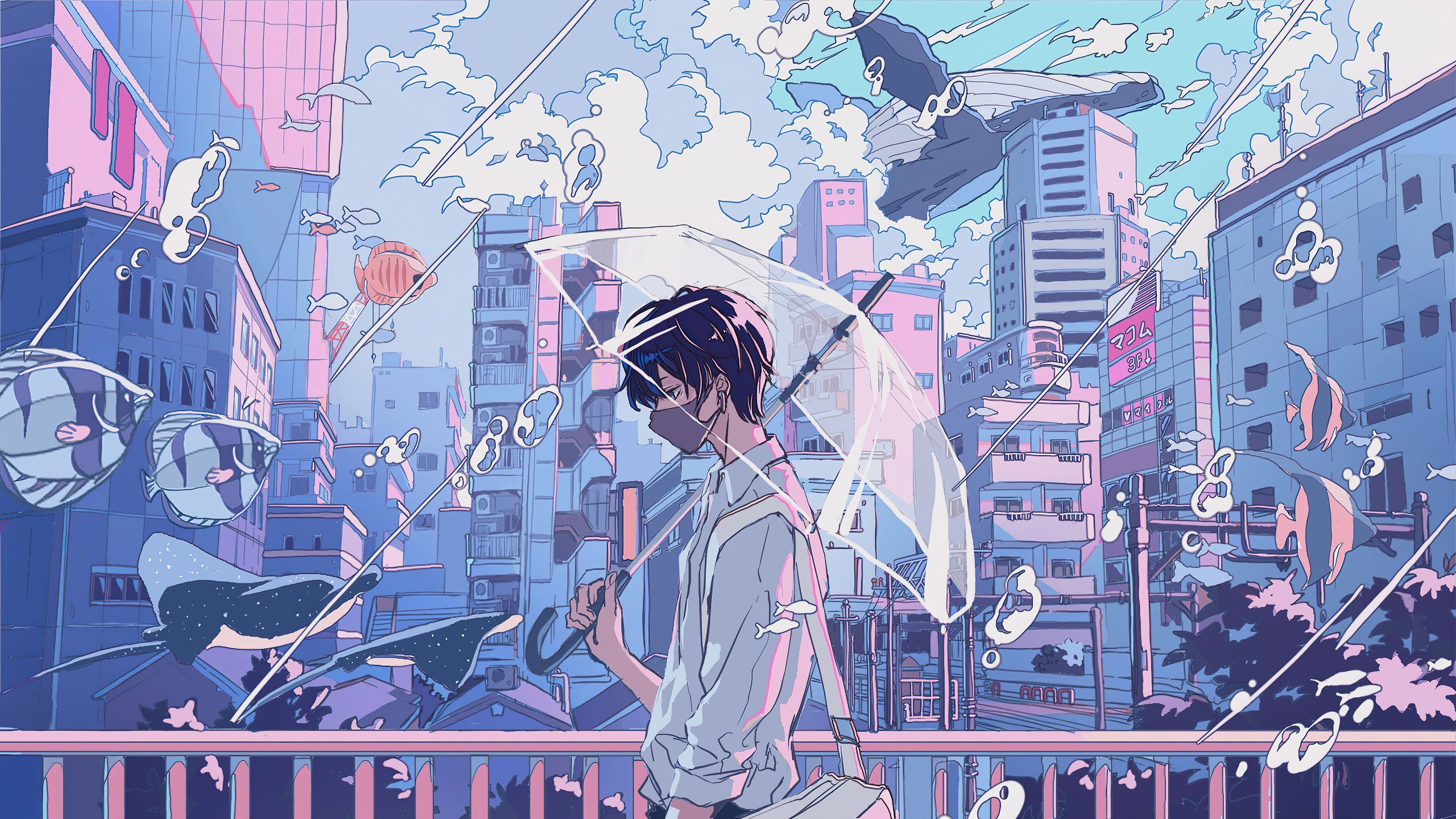 Anime-Junge, Regenschirm, Fische, Stadt, Surreal, Pastell, 2K-Hintergrundbild für PC