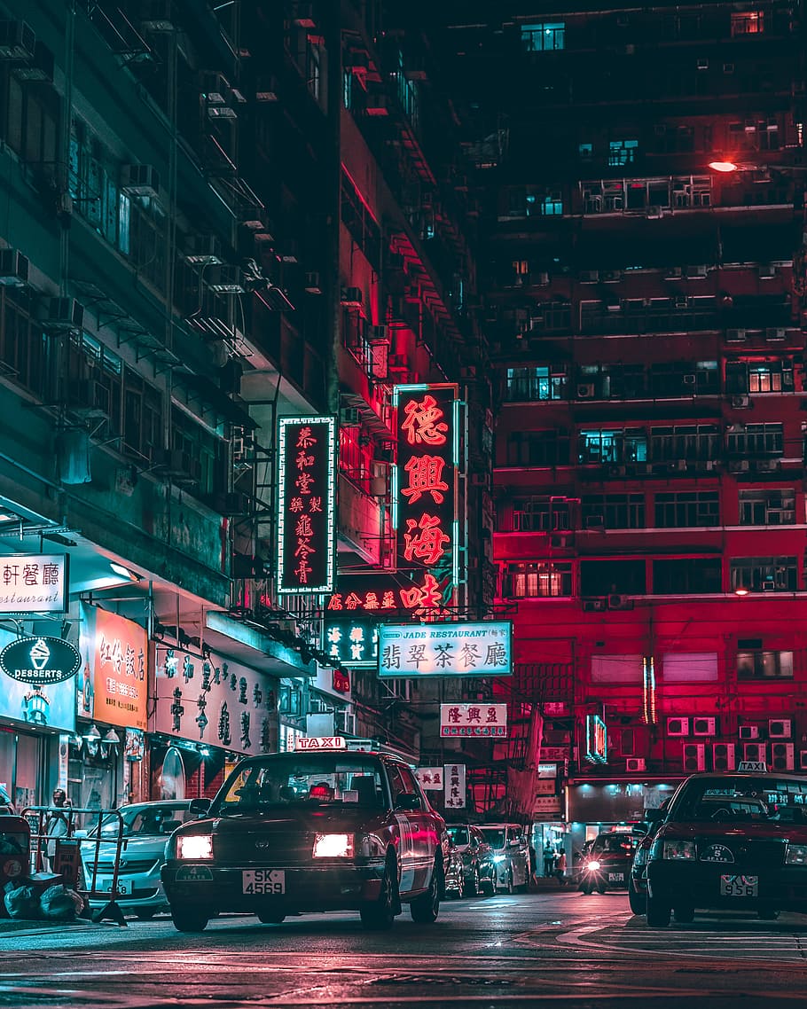 Straße, Neonschilder, Stadt bei Nacht, Asien, Autos, HD, iPad-Hintergrundbild