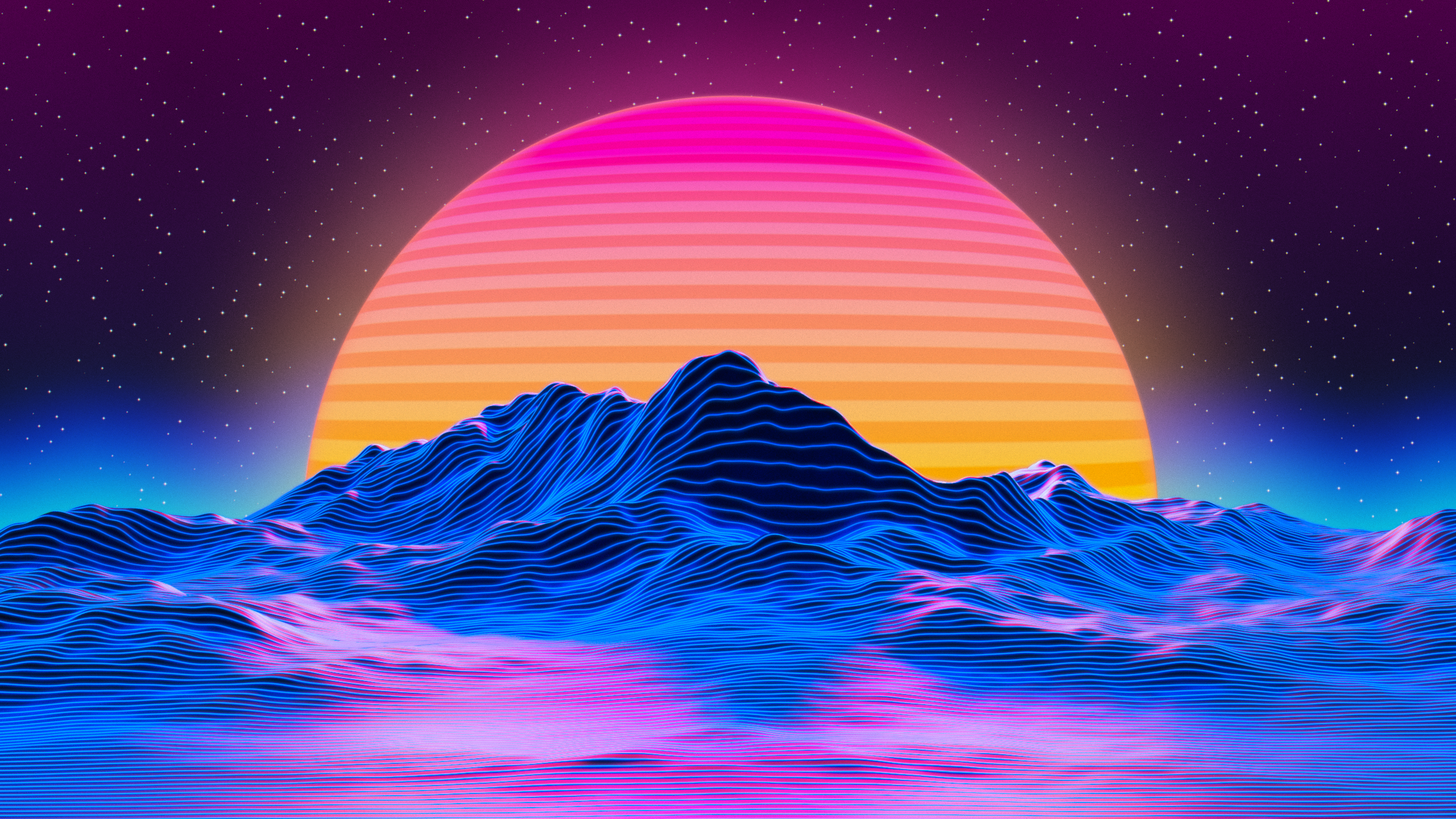 Synthwave, Sonne, Berge, Retro, Neon, 2K, Hintergrund für den Desktop