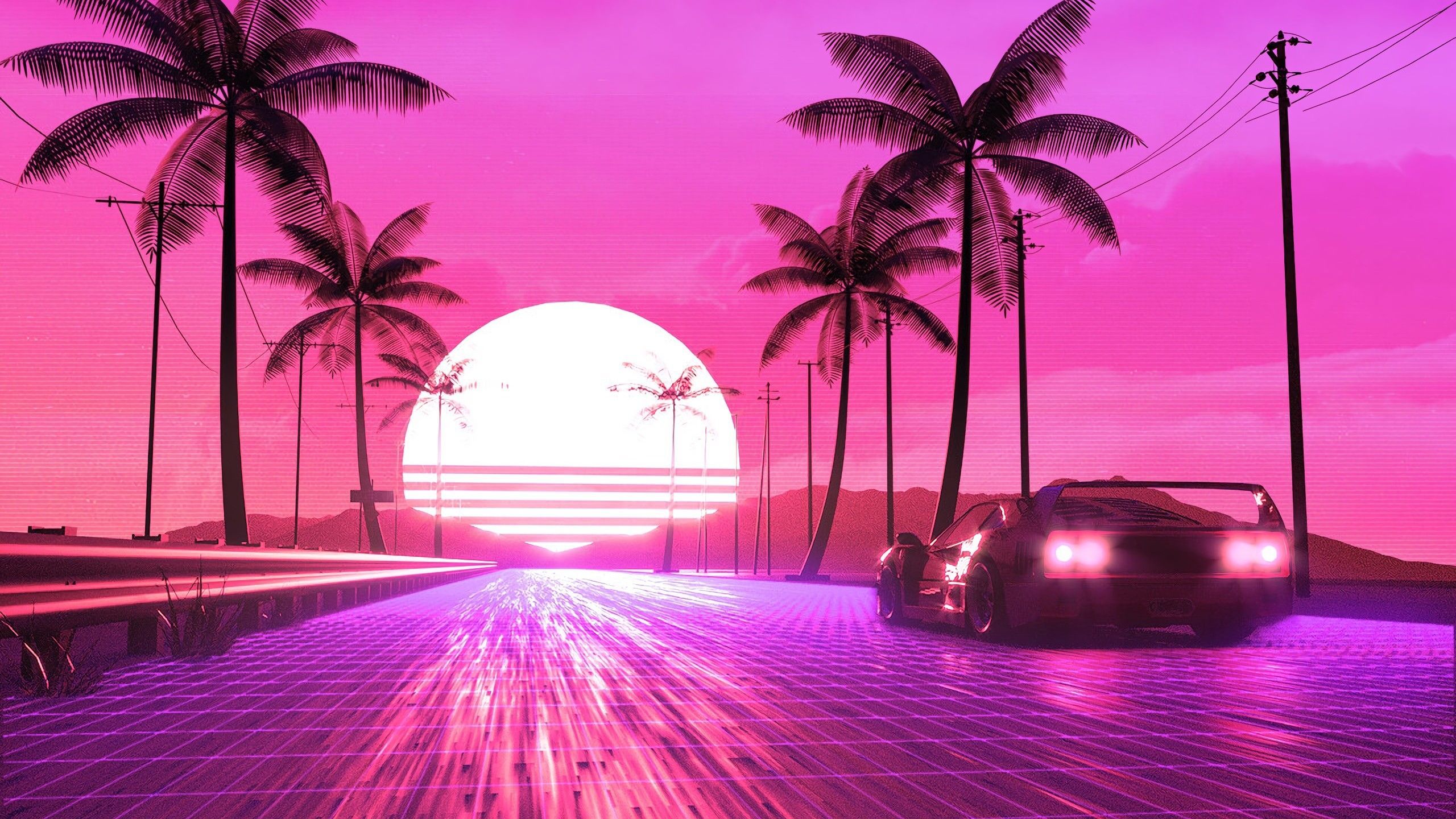 Palmen, Sportwagen, Sonne, Synthwave, Pink, Straße, 2560x1440, 2K-Hintergrundbild für PC