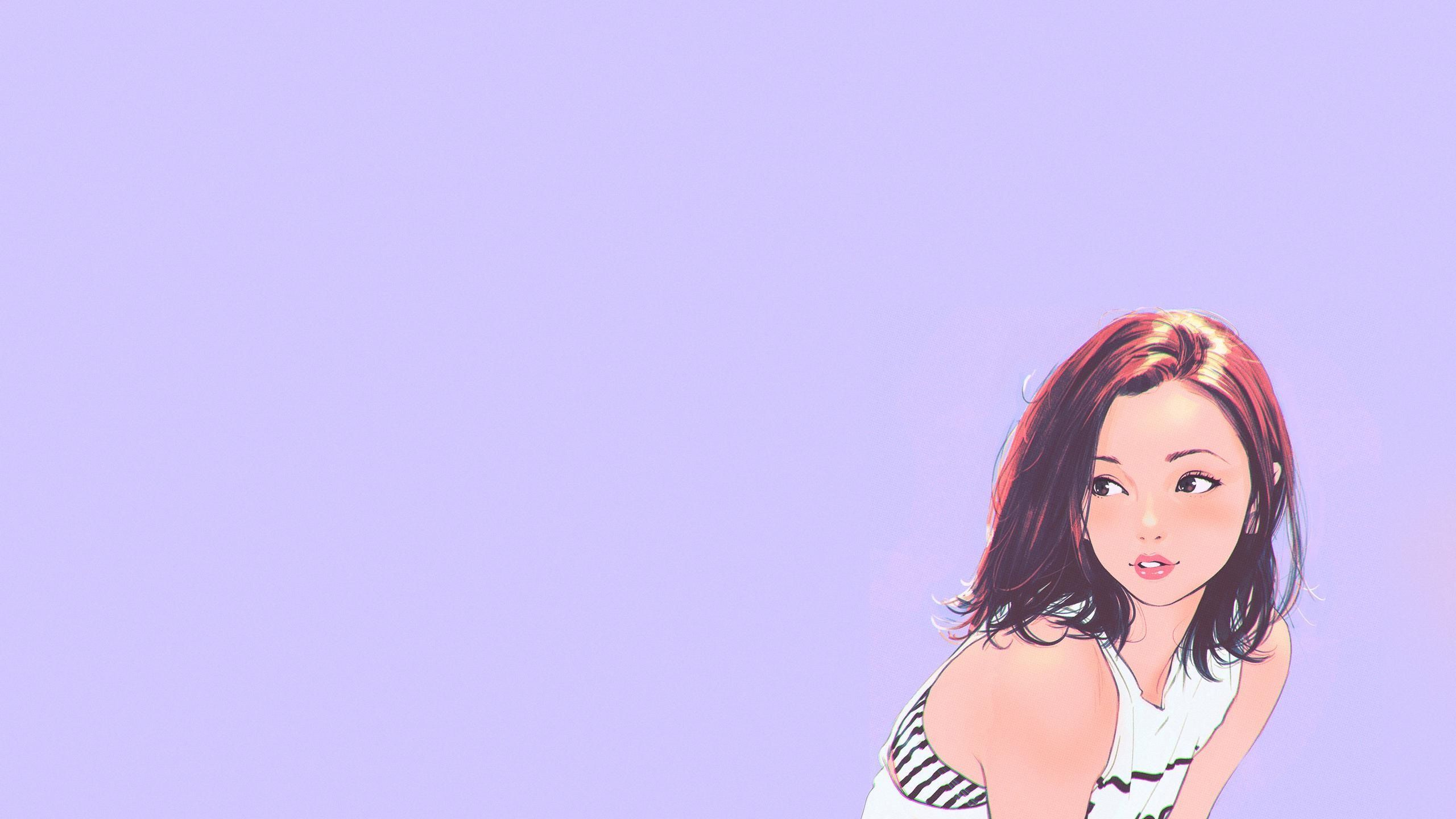 Anime-Mädchen, Illustration, Lila Hintergrund, Minimalistisch, 2K Wallpaper