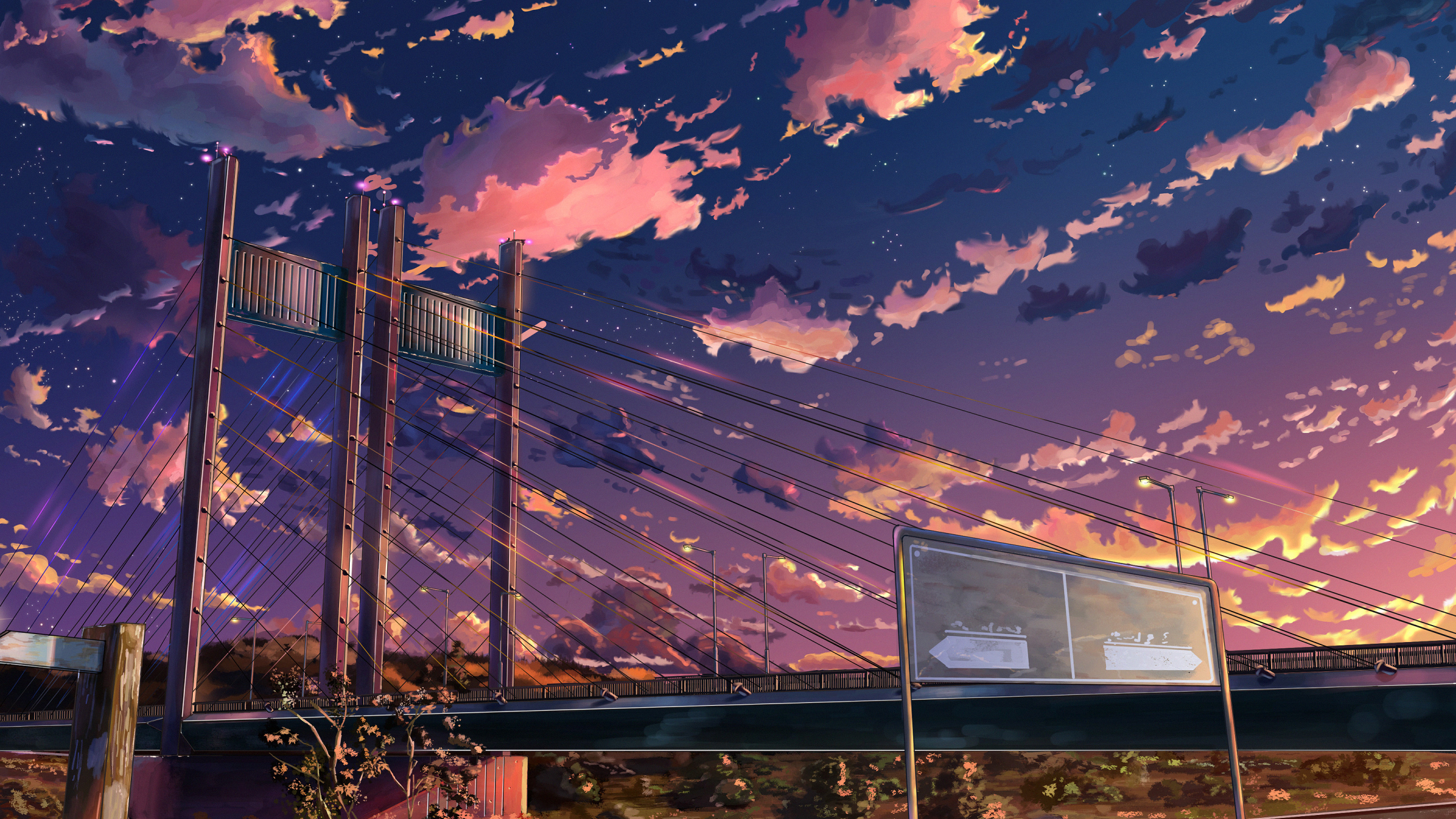 Brücke, Wolken, Sonnenuntergang, Anime-Stil, Stromleitungen, 2K, Laptop-Hintergrundbild