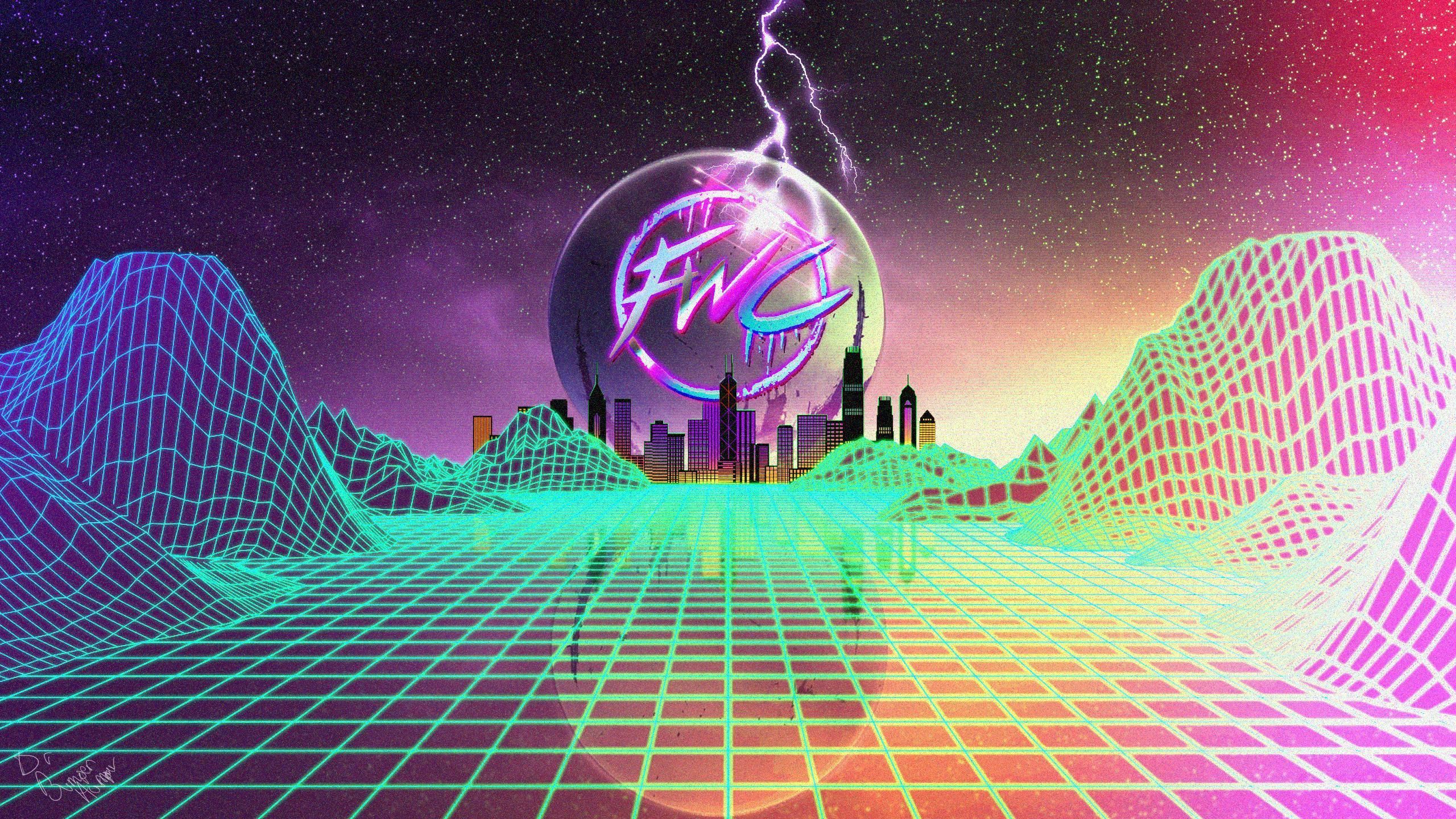 Synthwave, Wireframe-Berge, Gitter, Blitz, Logo, Retro, 2K, Desktop-Hintergrund für Windows