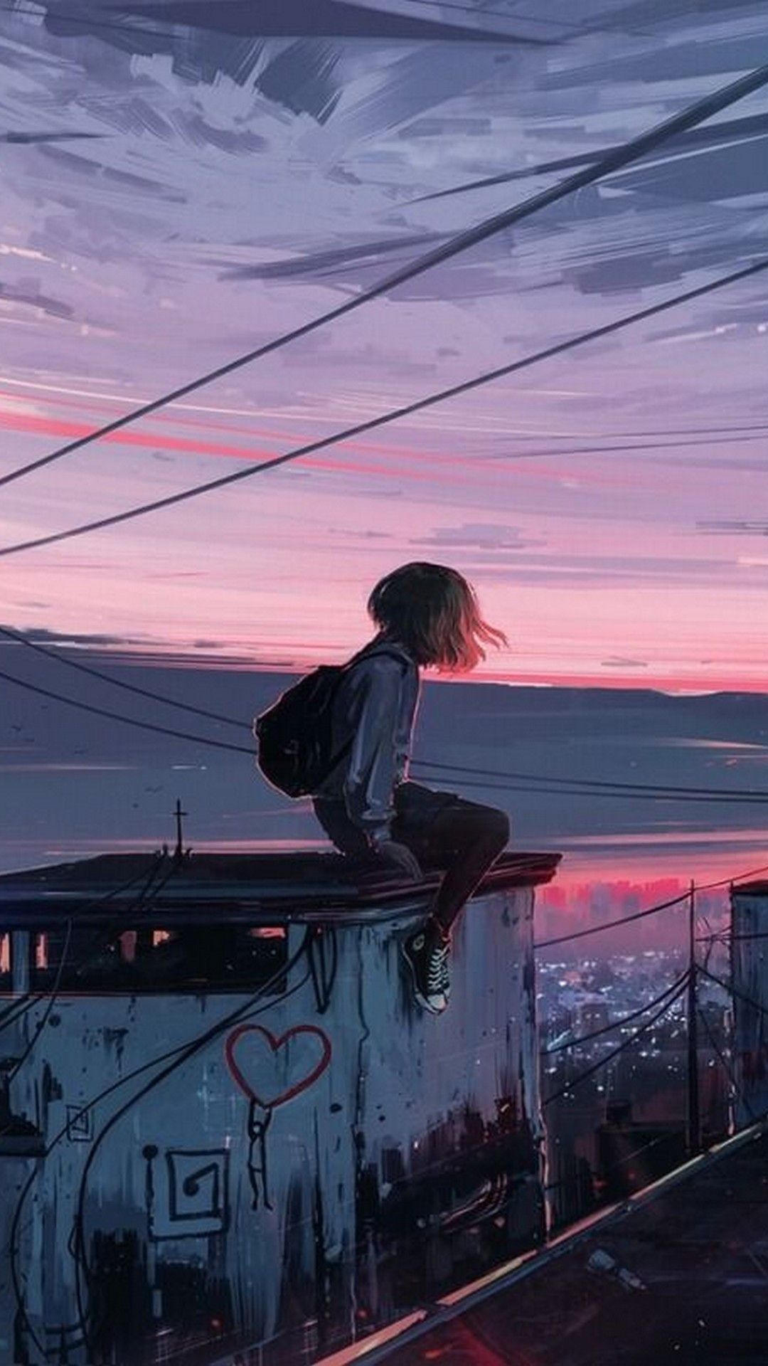 Anime, Mädchen auf dem Dach, Abendhimmel, Stadt, Digitale Malerei, Galaxy-S24-Wallpaper