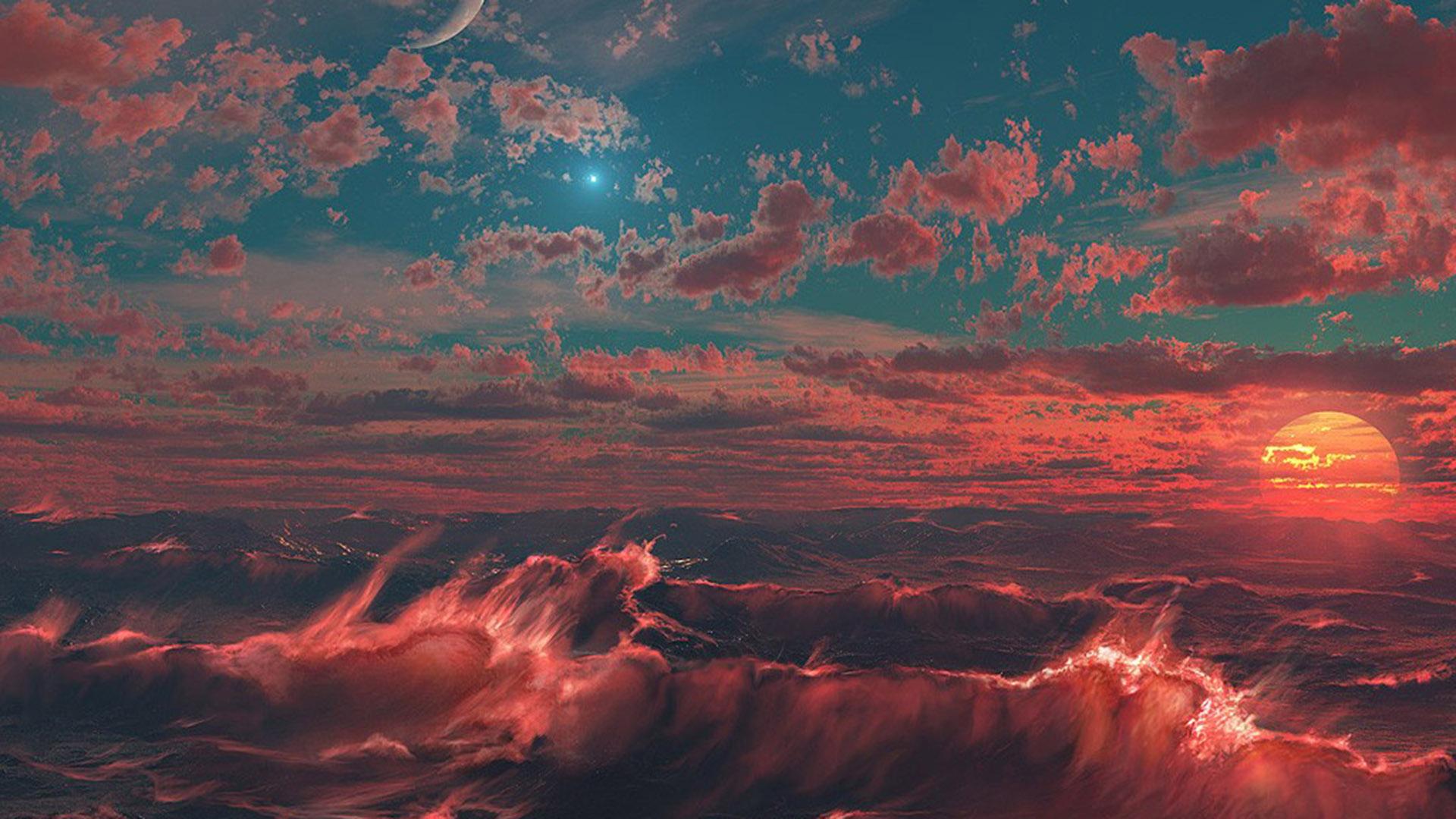 Meer, Wellen, Sonnenuntergang, Wolken, Digitale Malerei, Full-HD-Hintergrundbild für PC