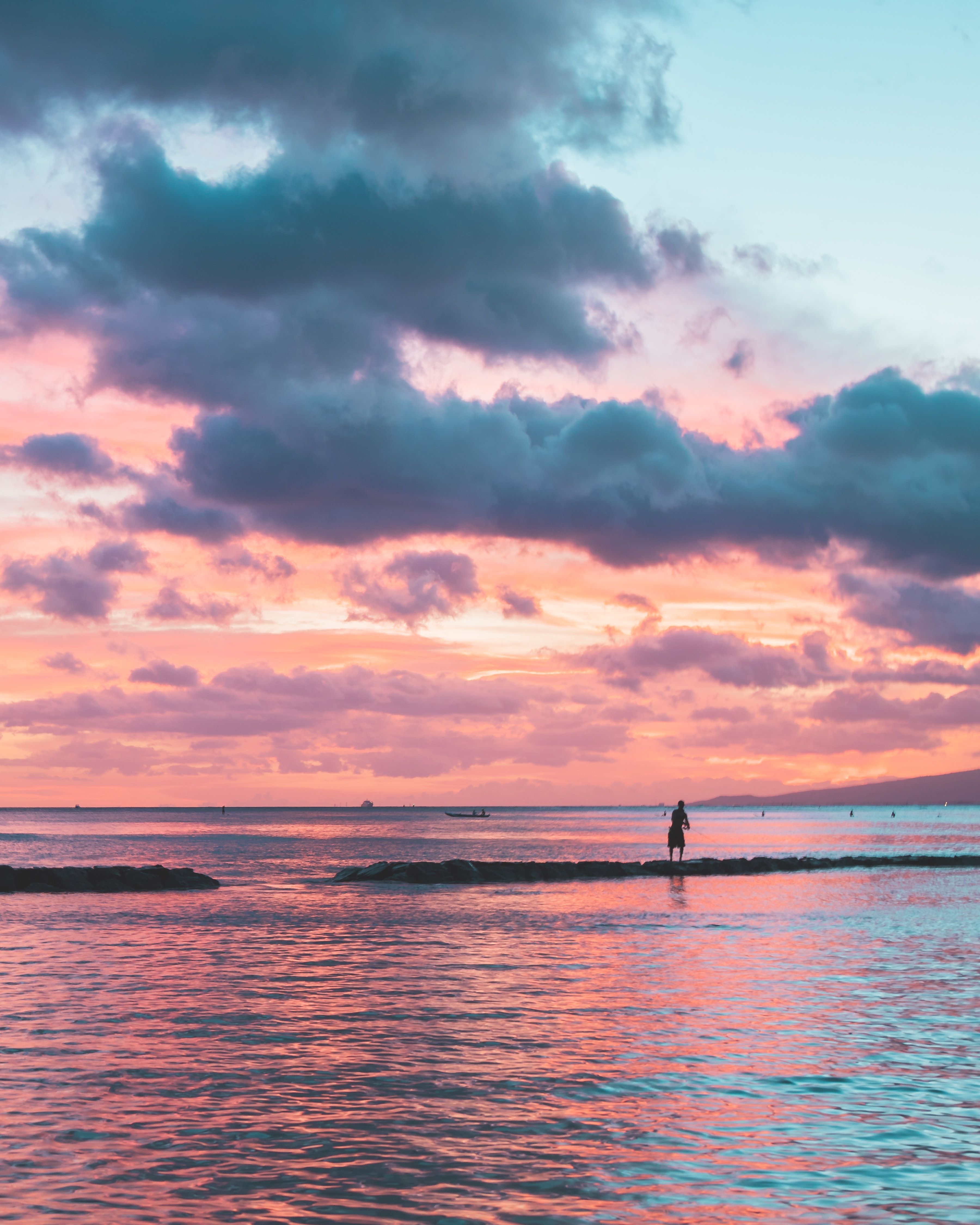 Meer, Sonnenuntergang, Wolken, Rosa Himmel, Küste, QHD+, Hintergrundbild fürs Tablet