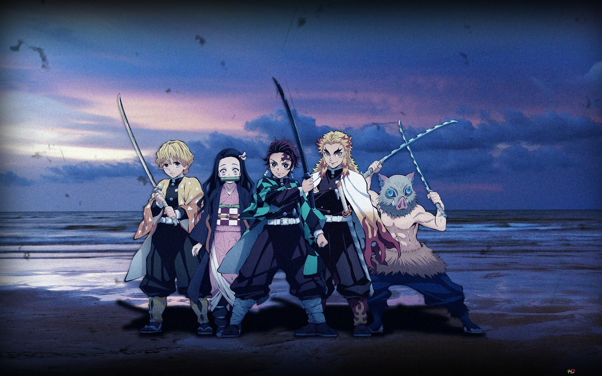 Demon Slayer, Tanjiro Kamado, Nezuko Kamado, Zenitsu Agatsuma, Inosuke Hashibira, Anime, Strand, Full-HD-Hintergrundbild