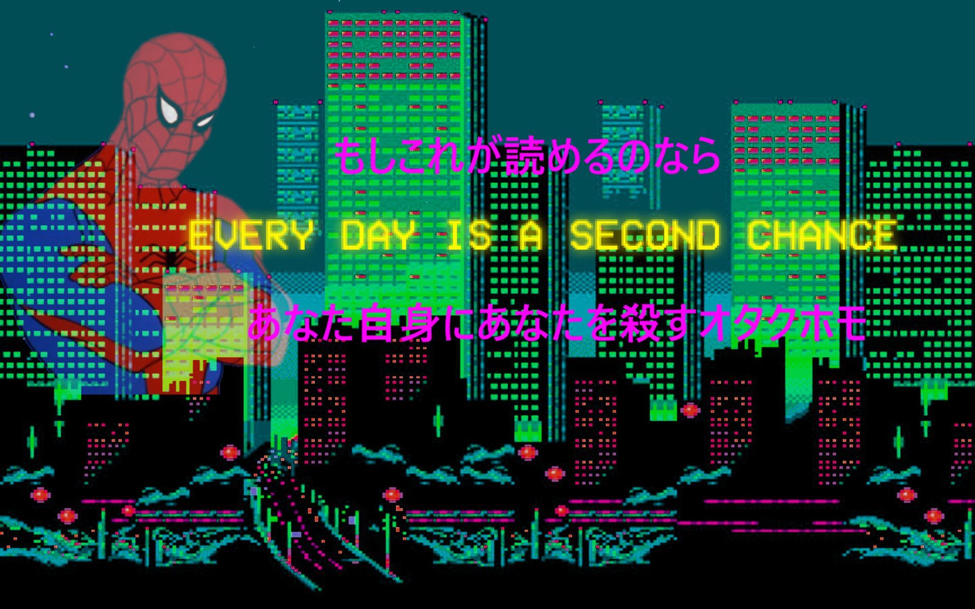 Spider-Man, Pixel-Art, Every day is a second chance, Stadt, Neon, Full HD, Windows-Hintergrundbild