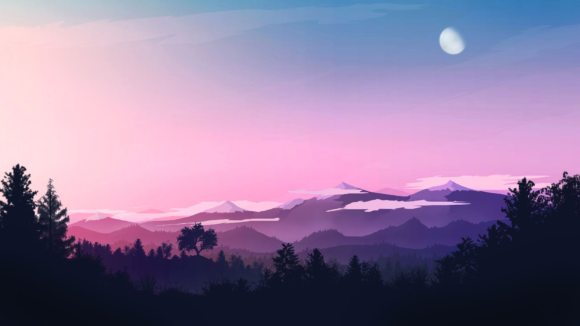 Berge, Wald, Mond, Rosa Himmel, Flachdesign, Full HD 1080p, Desktop-Hintergrundbild