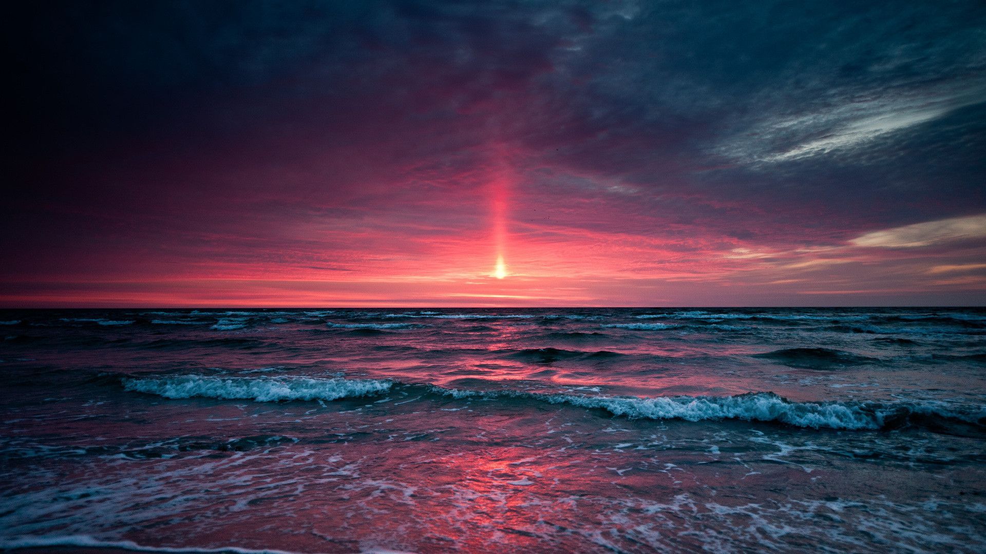 Sonnenuntergang, Meer, Wellen, Roter Himmel, Full HD 1080p, Desktop-Hintergrundbild