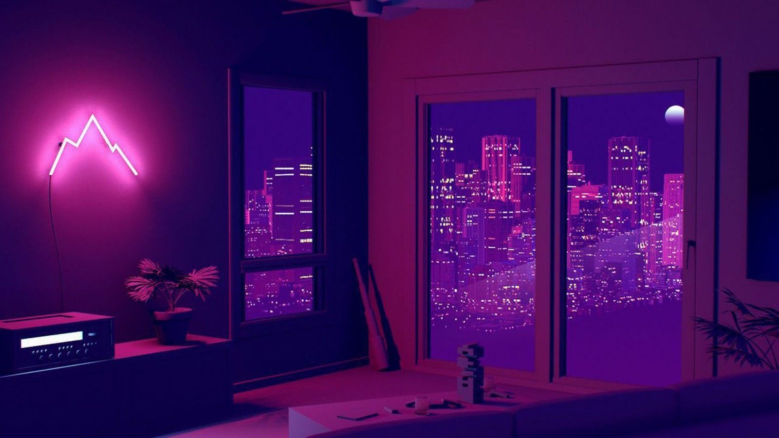 Zimmer, Neonlicht, Fenster, Stadt bei Nacht, Lila, HD, Desktop-Hintergrund für Windows