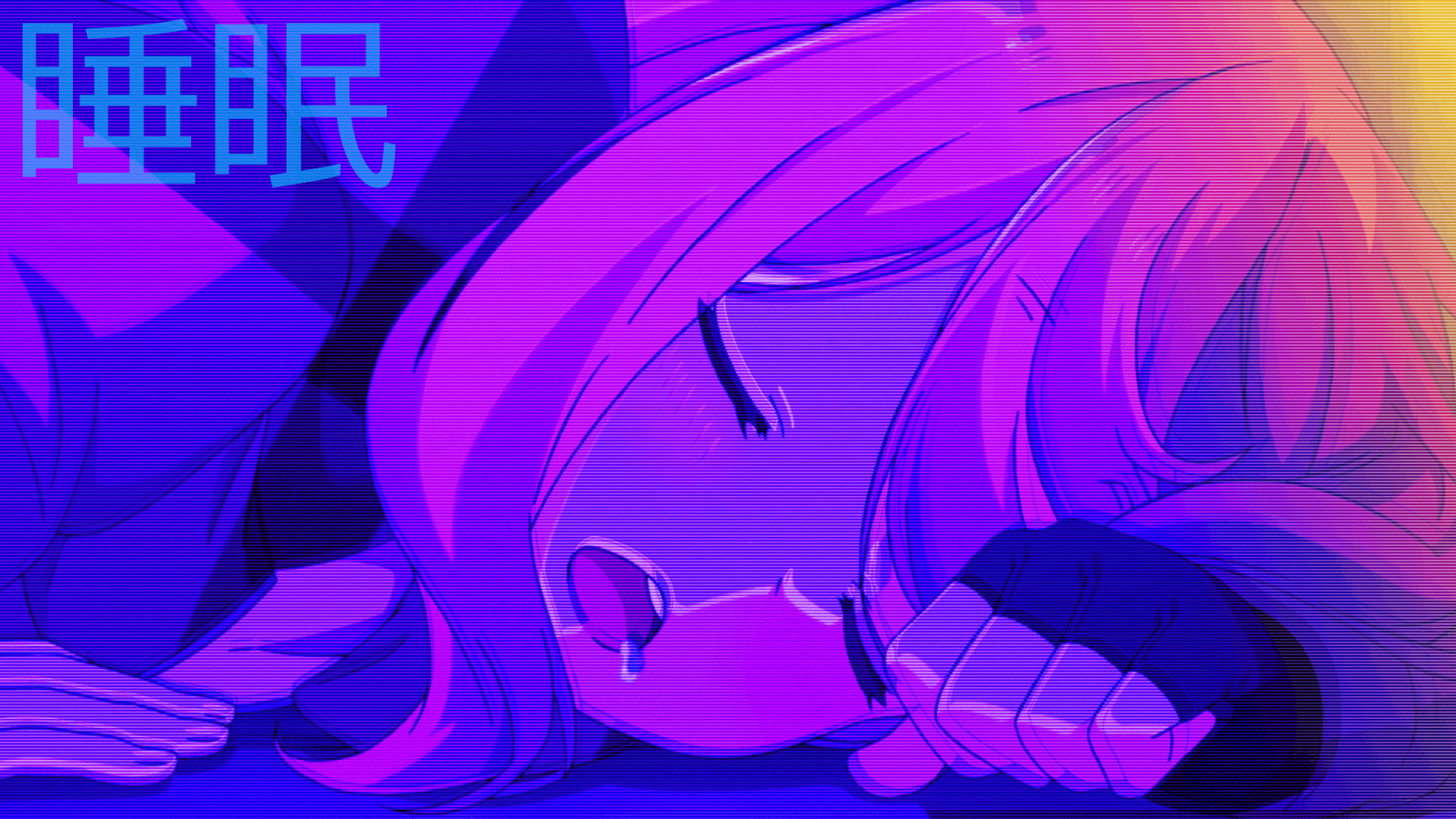 Anime-Mädchen, Schlaf, Japanische Schrift, Lila, Vaporwave, HD, Breitbild-Hintergrundbild