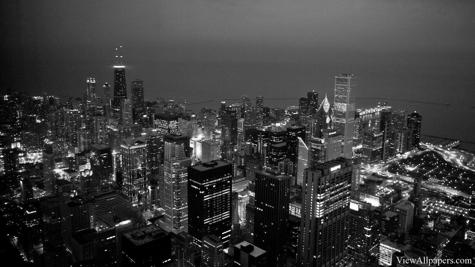 Skyline, Stadt bei Nacht, Wolkenkratzer, Schwarz-Weiß, Luftaufnahme, HD, Desktop-Hintergrund