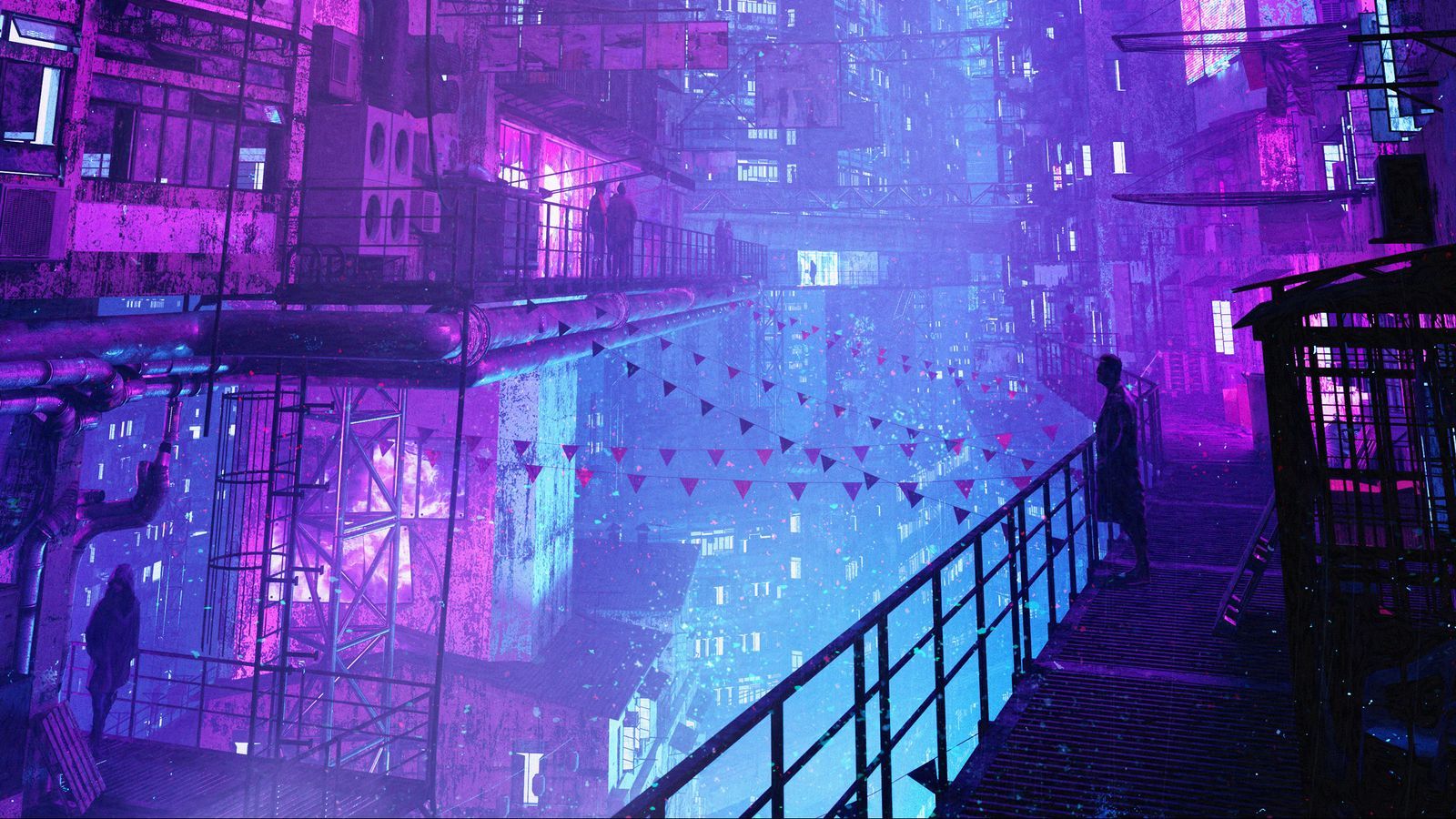Cyberpunk, Stadt, Balkon, Person, Lila, Neon, HD, Hintergrundbild für den PC