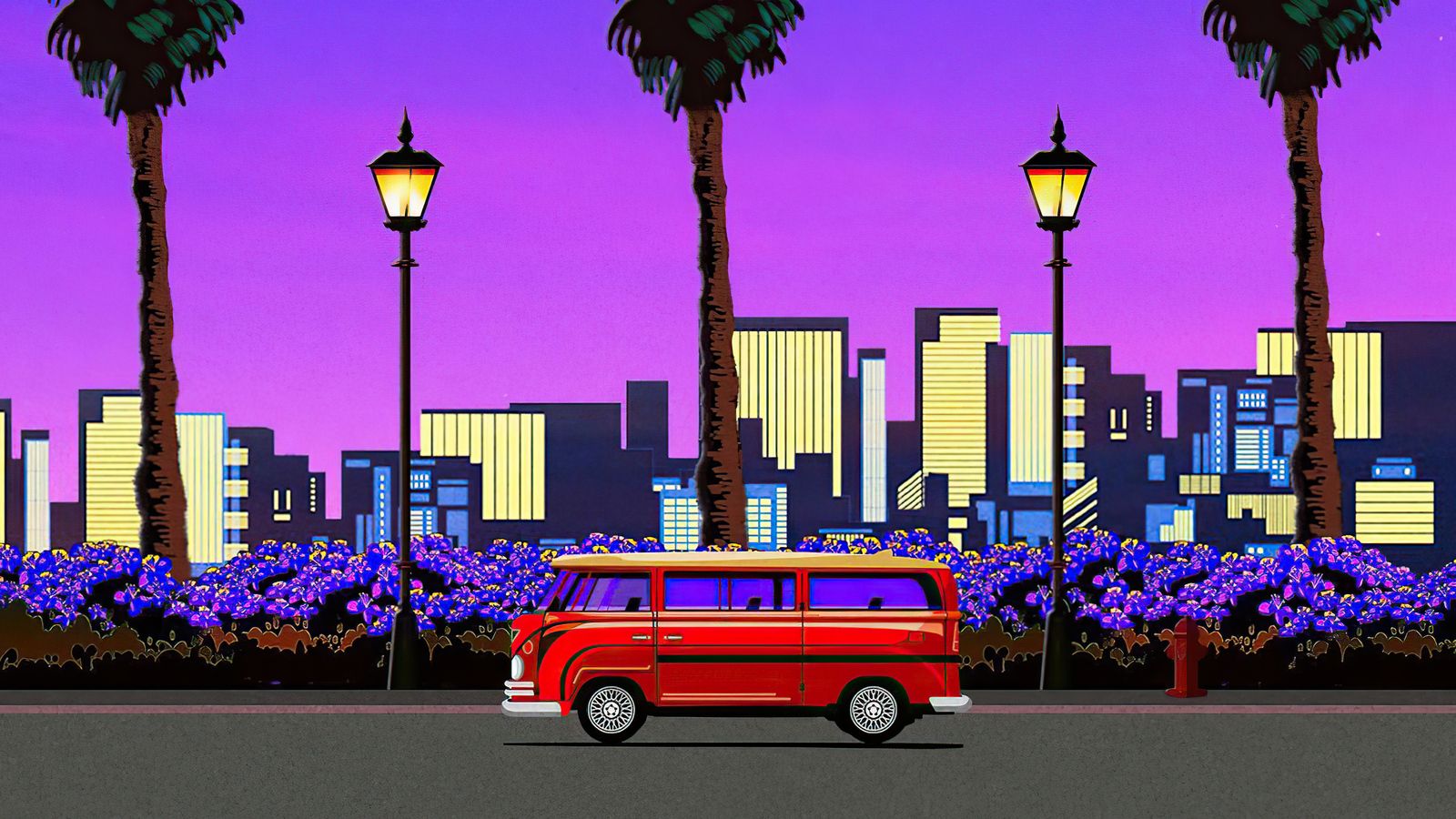 VW Bus, Pixel-Art, Palmen, Straßenlaternen, Stadt, Retro, HD, PC-Hintergrundbild