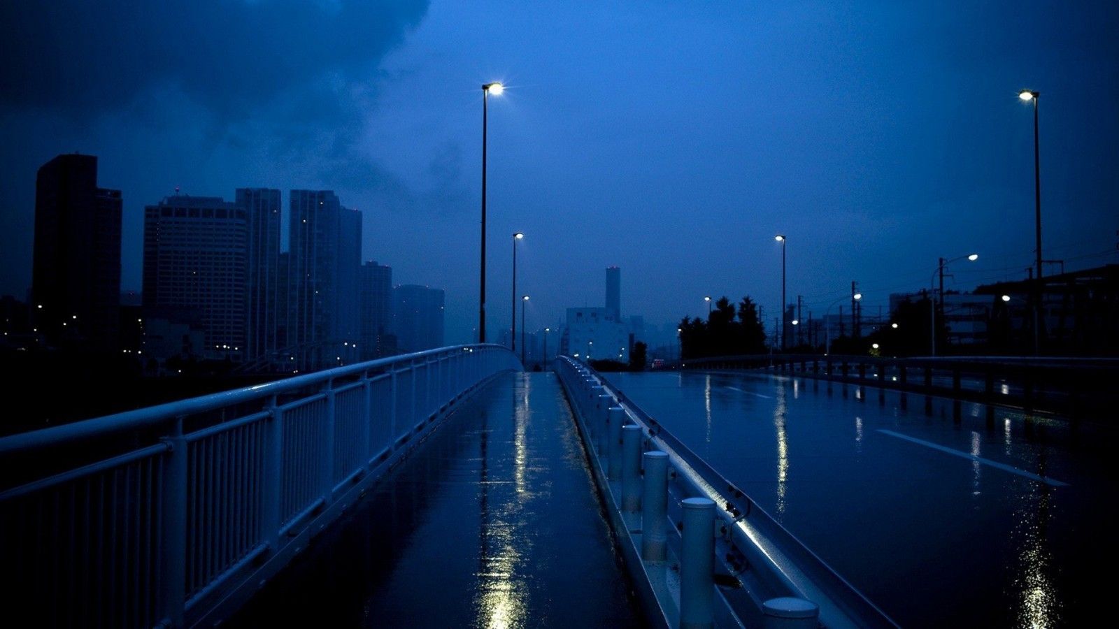 Brücke, Regen, Straßenlaternen, Nacht, Blau, Stadt, HD, Hintergrund für den Desktop