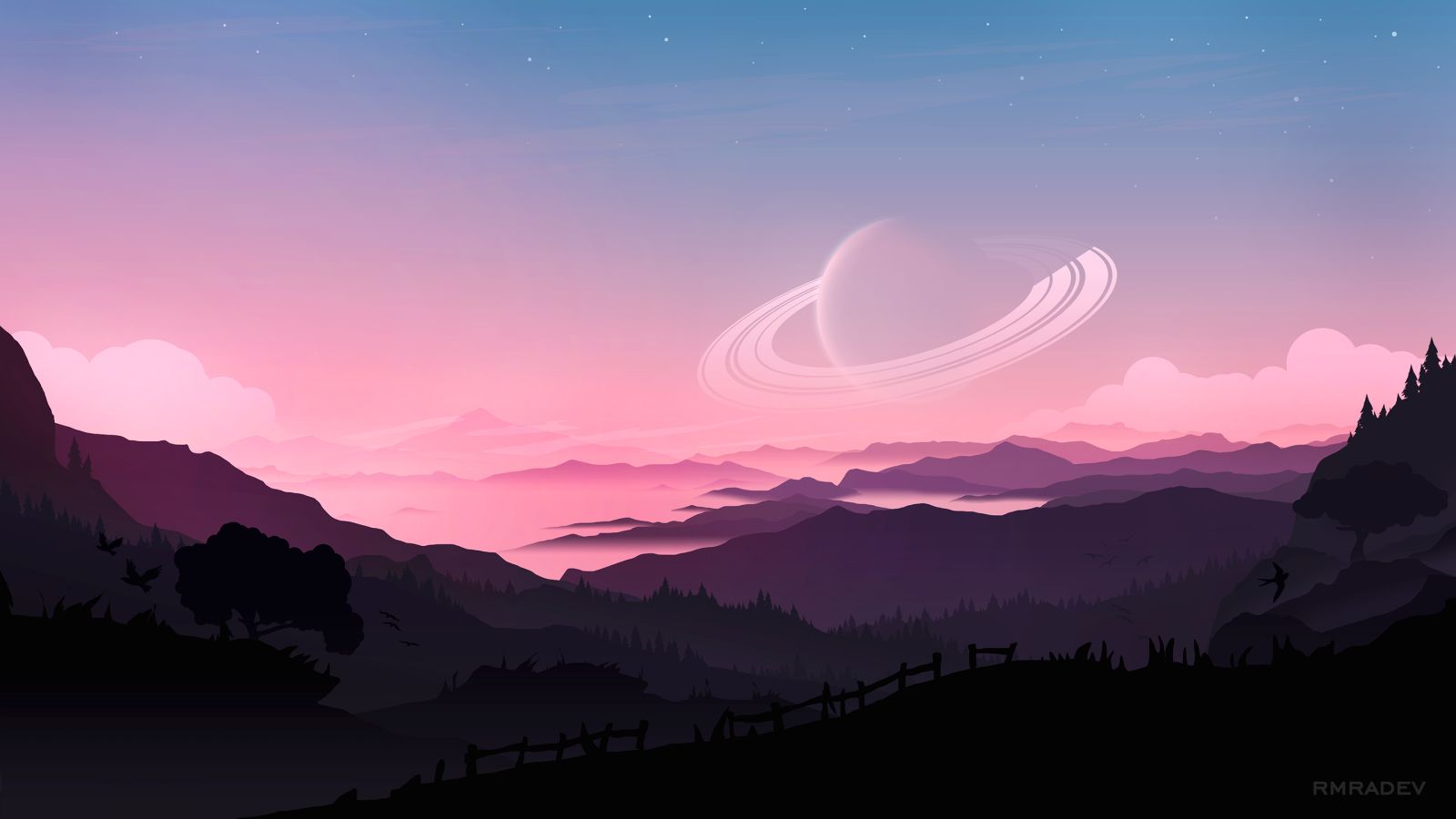 Planet, Berge, Nebel, Rosa Himmel, Silhouette, 16:9, HD-Hintergrundbild für den Desktop