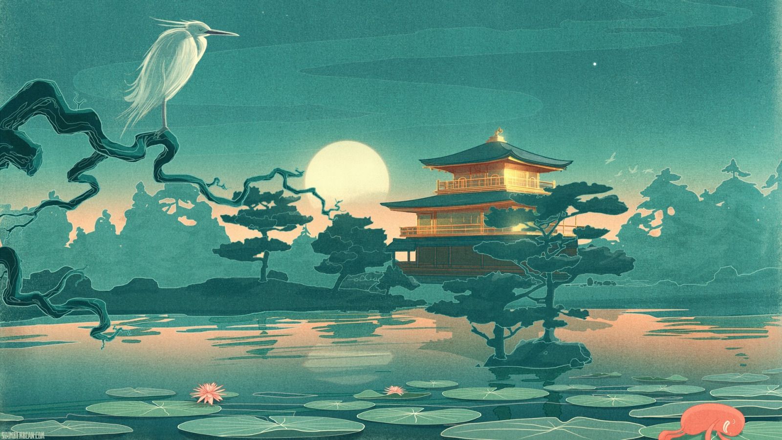 Pagode, Reiher, Mond, See, Asiatisch, Illustration, HD, Desktop-Hintergrund für Windows