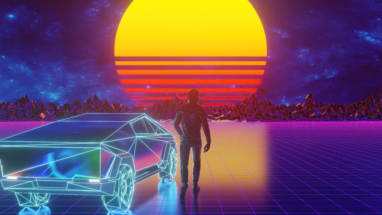 Tesla Cybertruck, Synthwave, Sonne, Neon, Gitter, Retro, HD, Laptop-Hintergrundbild