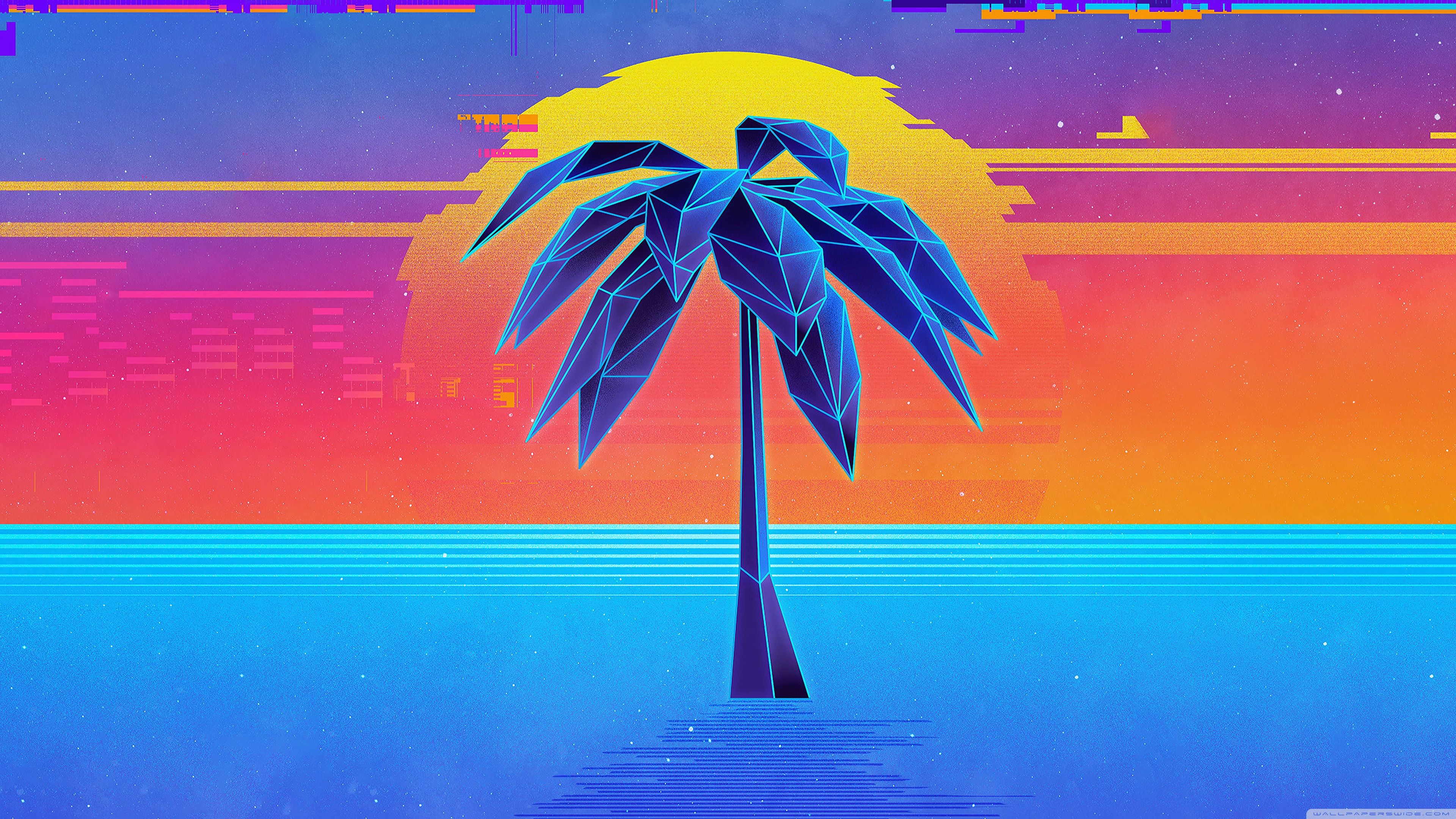 Palme, Retrowave, Sonnenuntergang, Neonfarben, Low Poly, 3840x2160, PC-Hintergrundbild