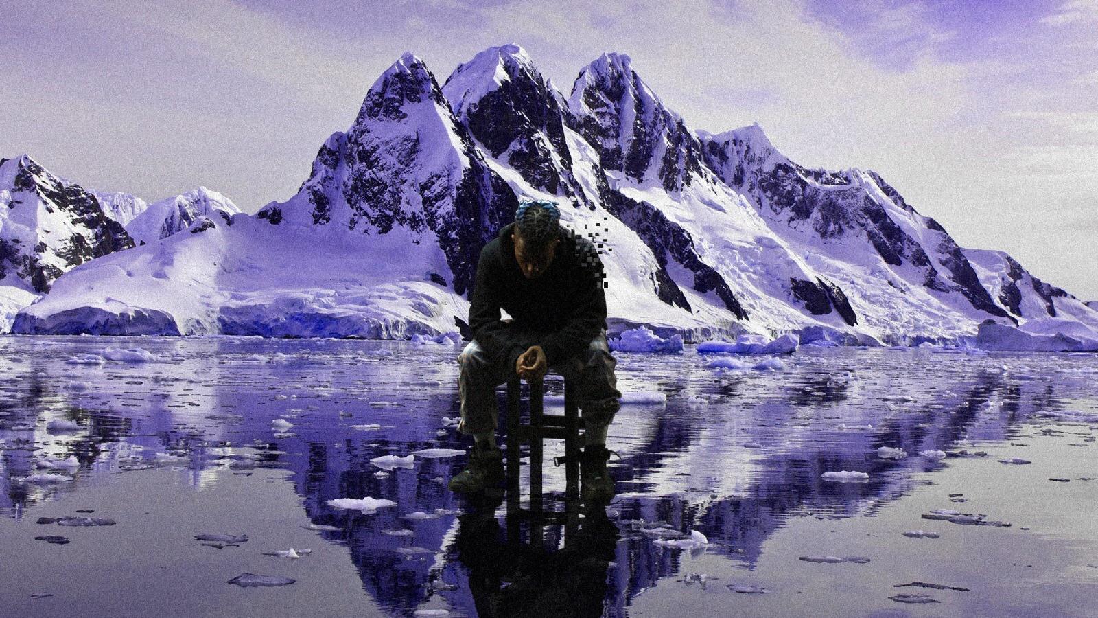 Mann, Stuhl, Eis, Schneeberge, Spiegelung, Surreal, HD, Hintergrundbild für den PC