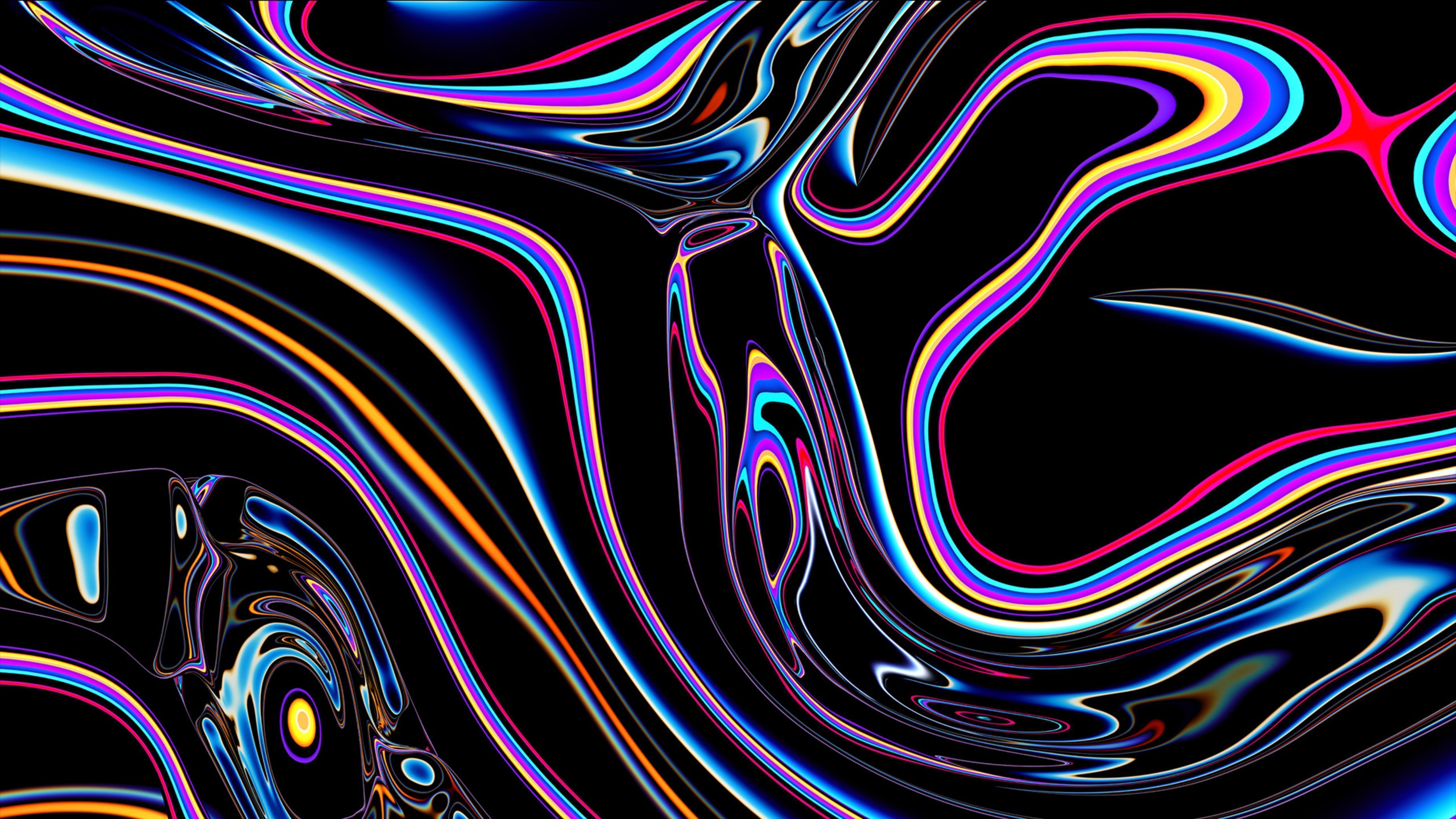Abstrakt, Flüssige Formen, Regenbogenfarben, Schwarzer Hintergrund, Neonlinien, 5K Wallpaper