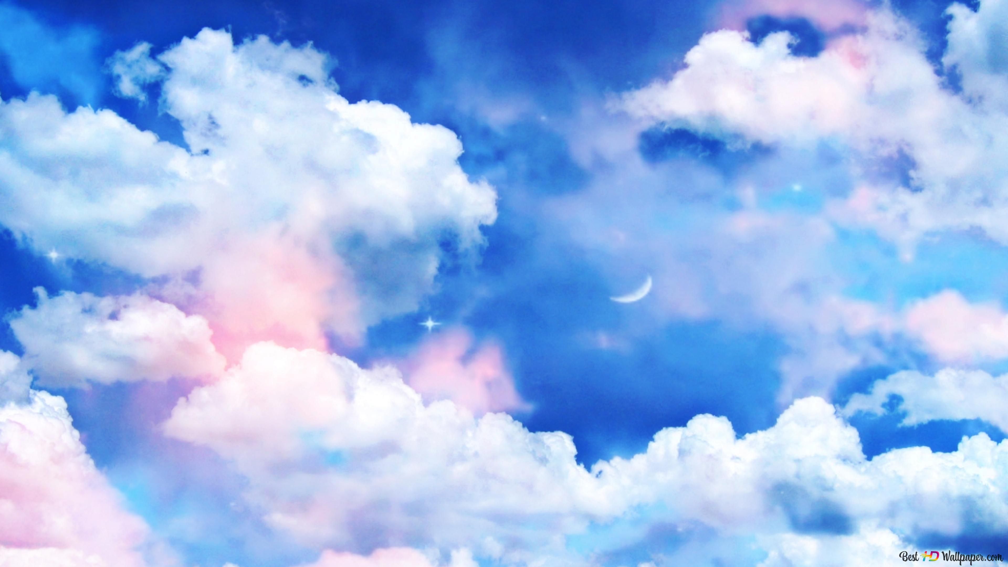 Wolken, Blauer Himmel, Mondsichel, Pastellfarben, 3840x2160, 4K-Hintergrundbild für PC