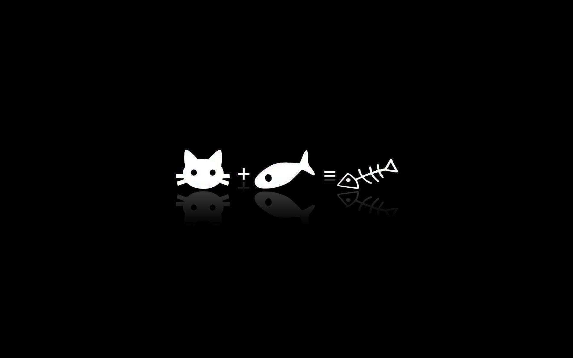 Katze, Fisch, Fischgräte, Humor, Schwarzer Hintergrund, Minimalistisch, Full HD Wallpaper