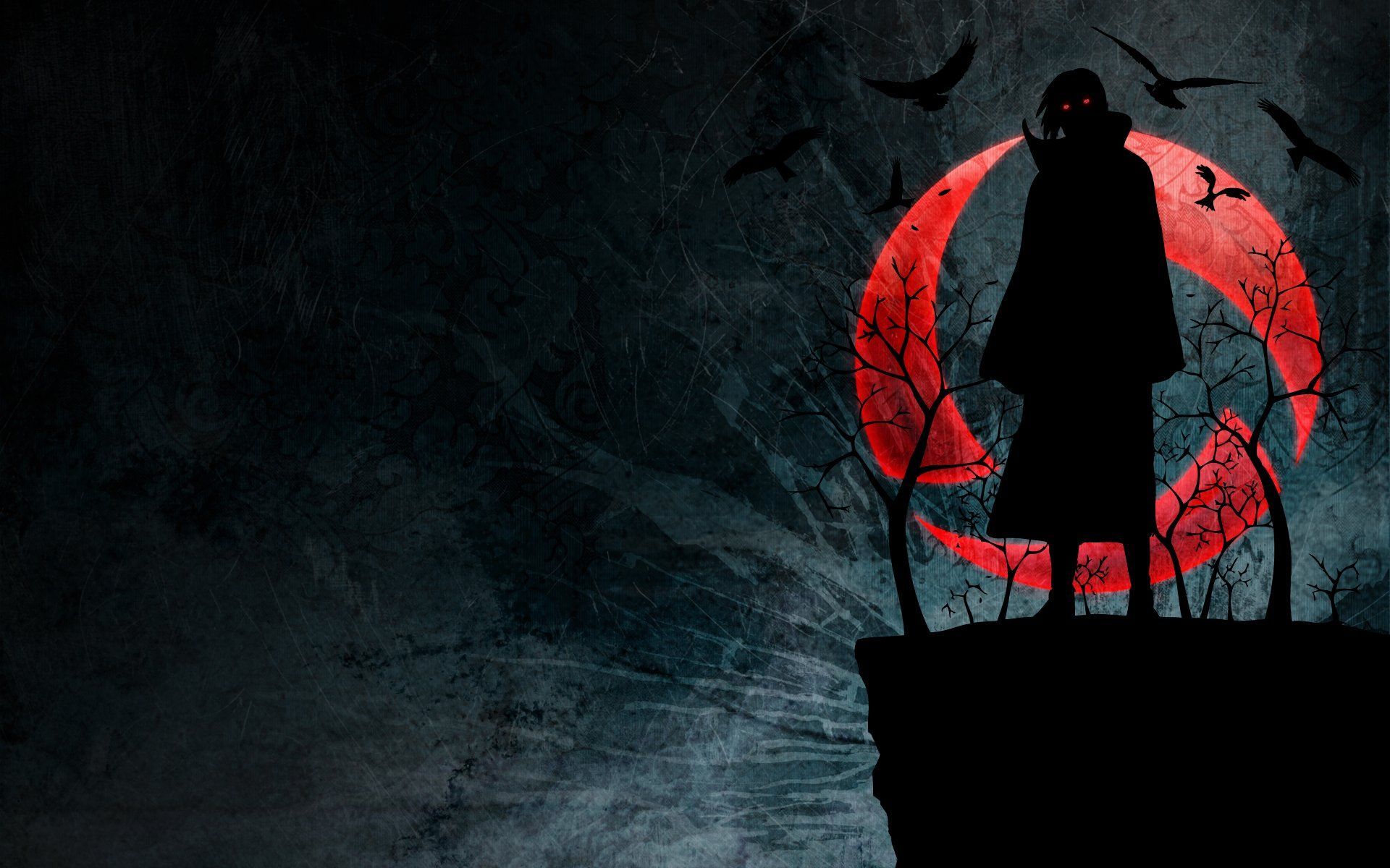 Itachi Uchiha, Naruto, Akatsuki, Krähen, Roter Mond, Dunkel, Full HD, Laptop-Hintergrundbild