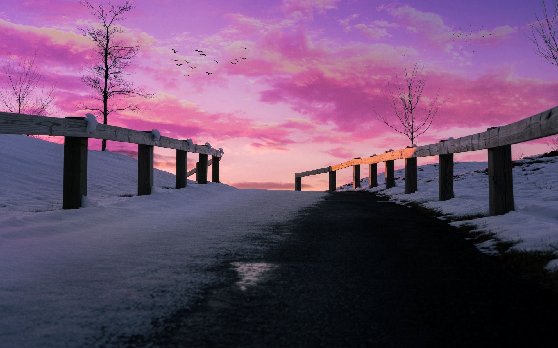 Weg, Schnee, Zaun, Rosa Himmel, Winter, Full HD, Desktop-Hintergrund für Windows