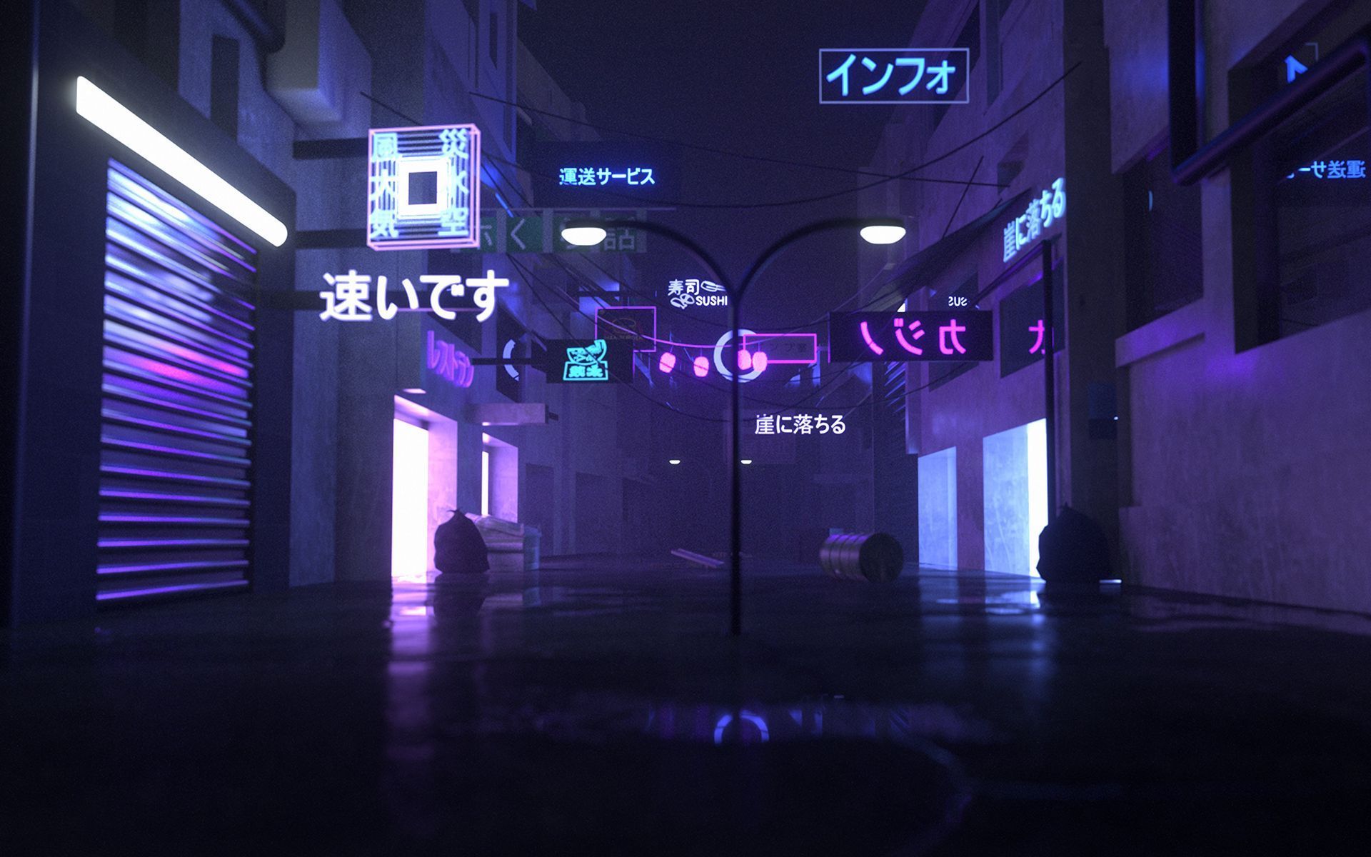 Gasse, Neonschilder, Japanische Schrift, Nacht, Cyberpunk, Full HD, Breitbild-Hintergrundbild
