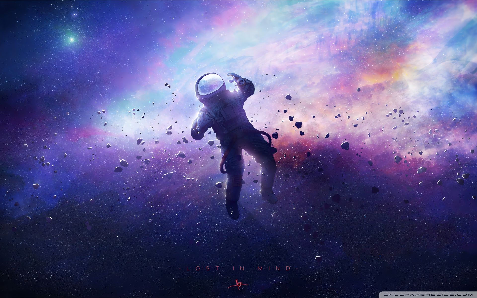 Astronaut, Weltraum, Asteroiden, Nebel, 16:10, Full-HD-Hintergrundbild für den Desktop