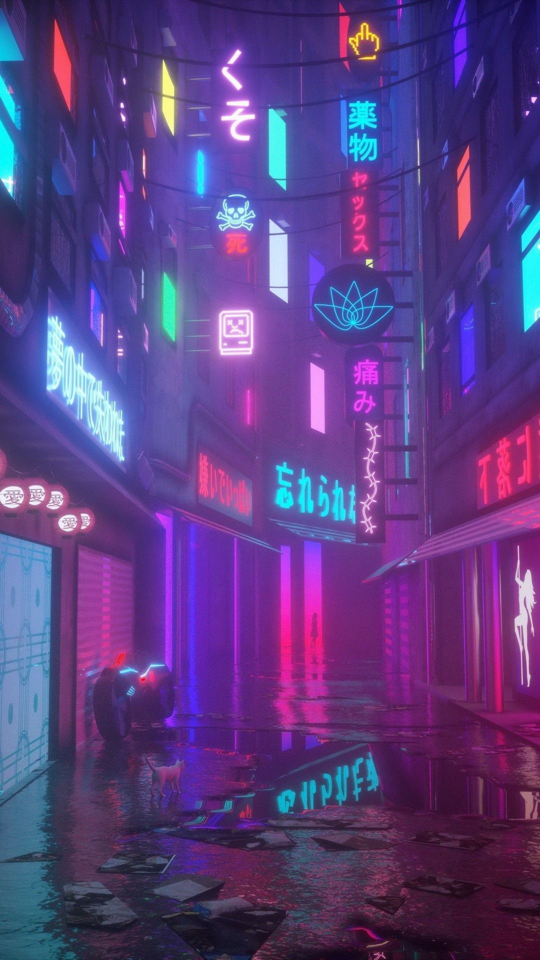 Gasse, Leuchtreklamen, Nacht, Cyberpunk, Lila, Regen, Full HD, Handy-Hintergrund im Hochformat