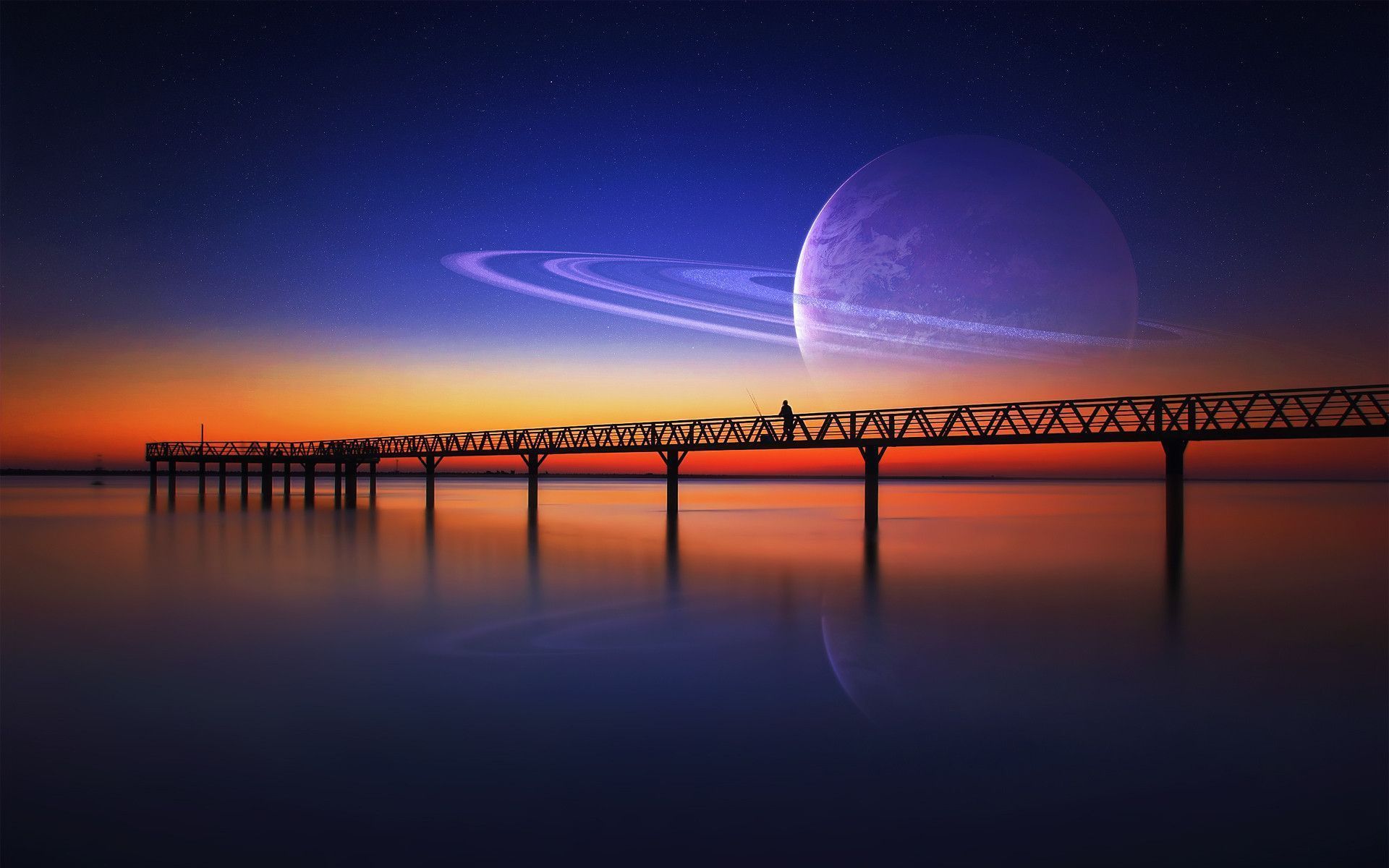 Seebrücke, Planet, Sonnenuntergang, Spiegelung, Surreal, Full HD, Desktop-Hintergrund