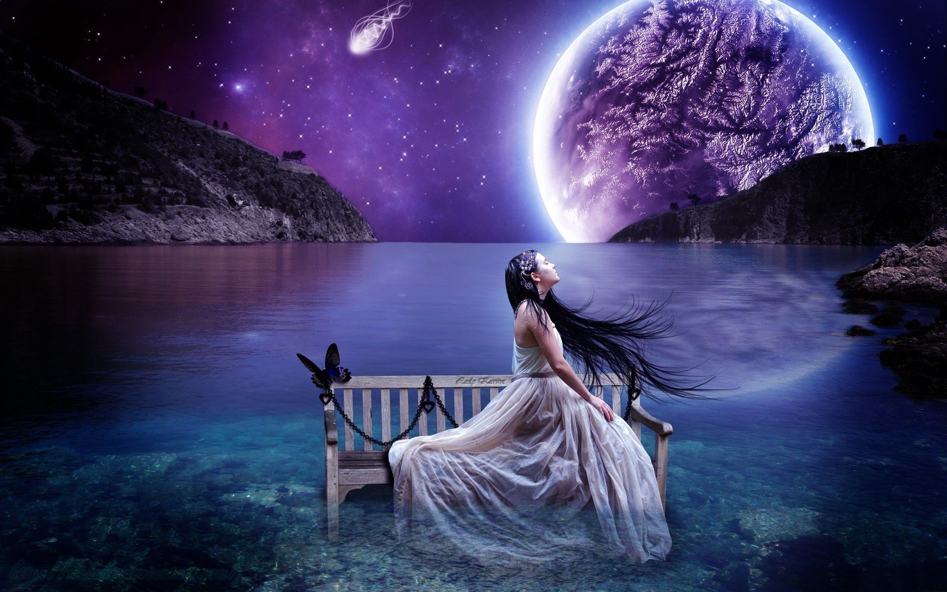 Frau, Weißes Kleid, Bank, Planet, See, Fantasy, 16:10, Full-HD-Hintergrundbild für den Desktop